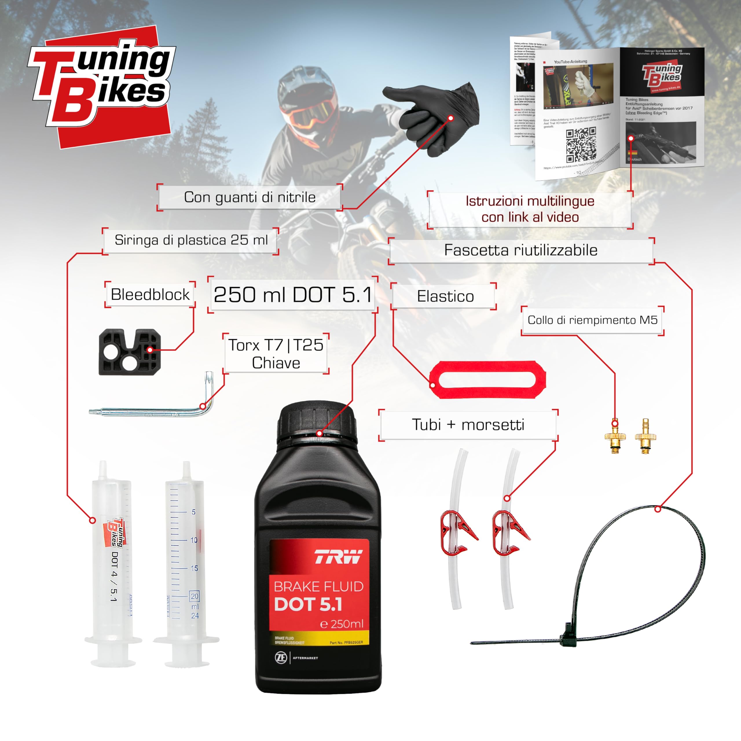 TB kit spurgo/kit da manutenzione per freni a disco di SRAM/AVID - set di spurgo con liquido per freni 5.1 di biciclette