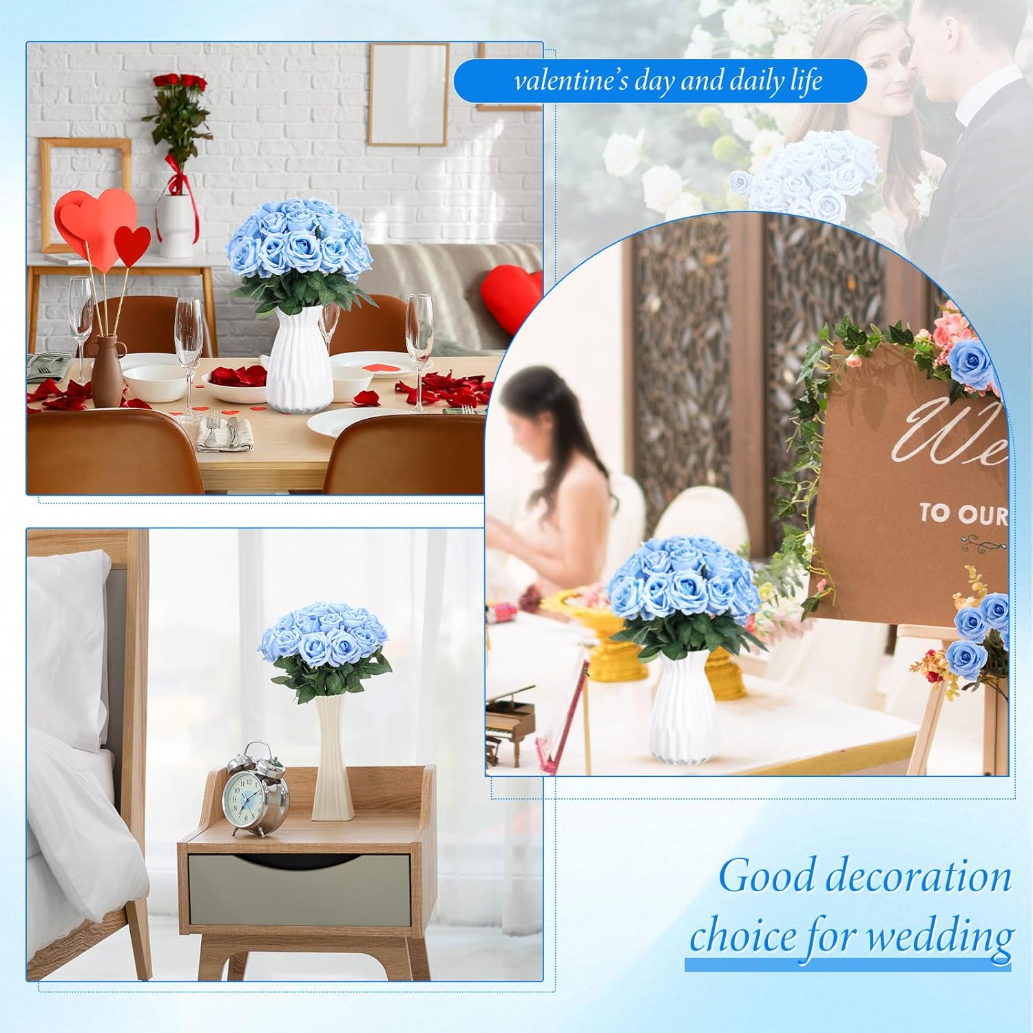 Hotop 40 Pcs Rose Artificial Flowers Bulk with Long Stem,Realistic Silk Fake Roses Bouquet for Home Wedding Centerpieces Party Table Decoration Valentines Gifts(Light Blue) - Image 6