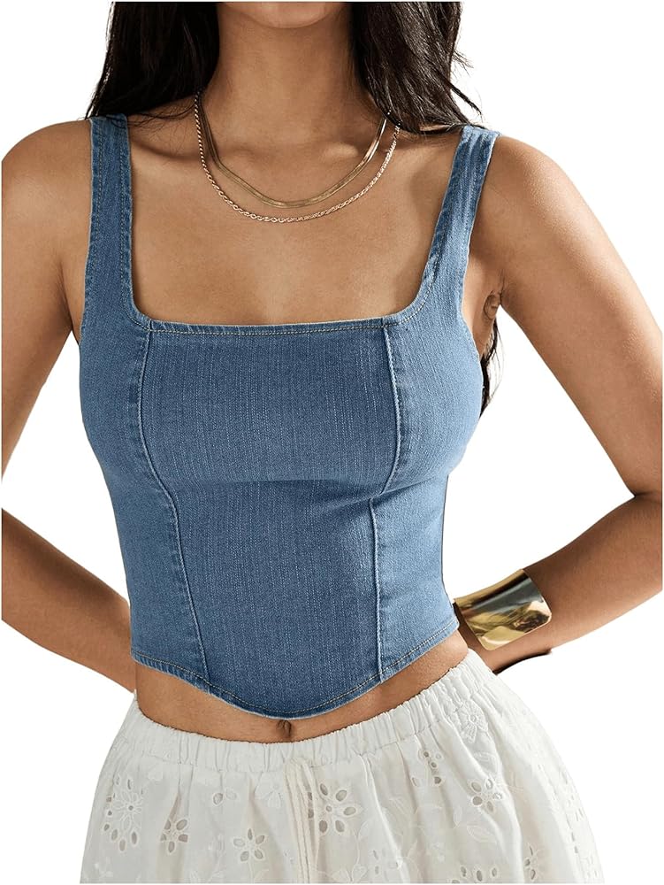 WDIRARA Women's Square Neck Sleeveless Corset Denim Top Zip Back