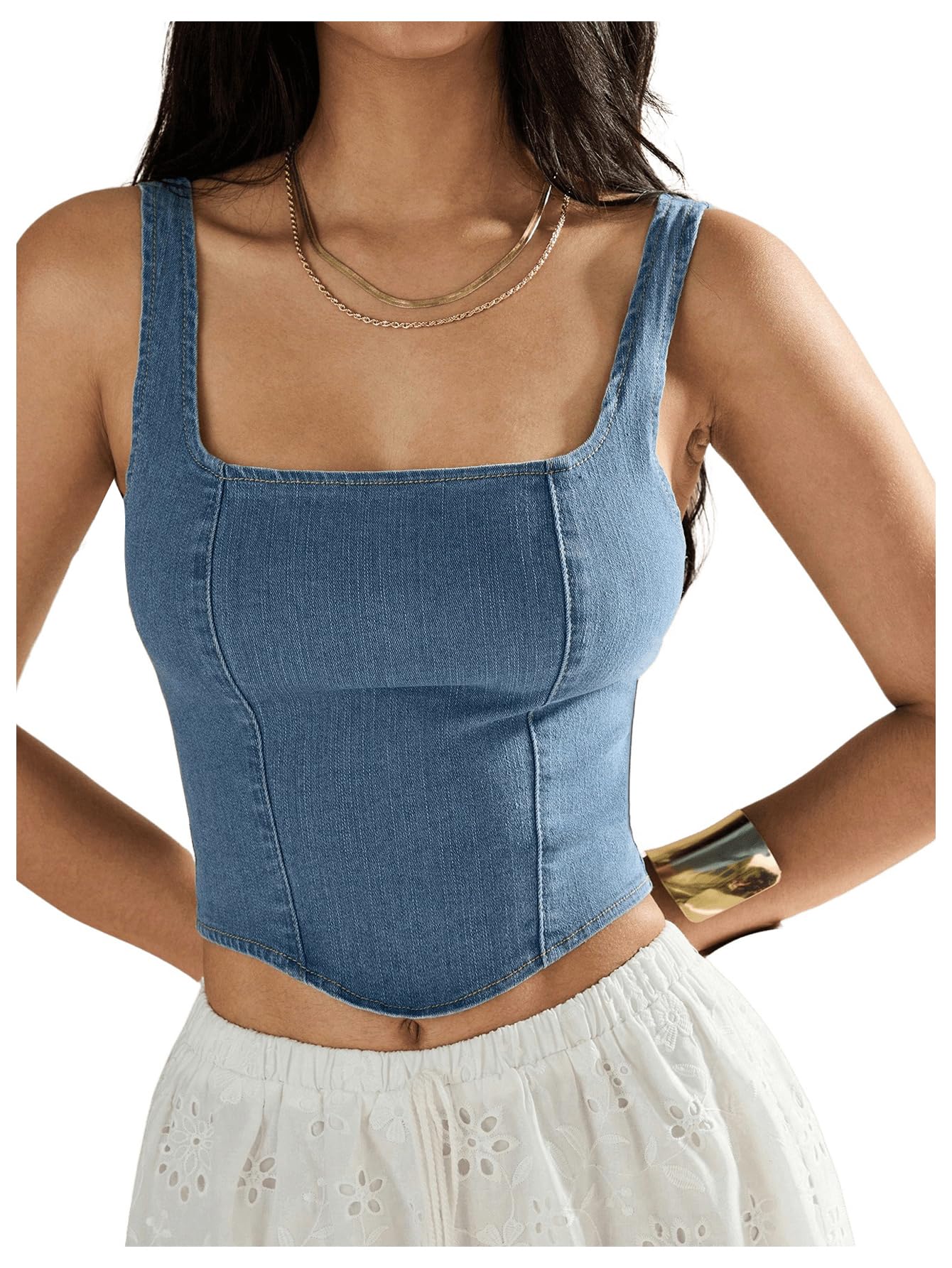 WDIRARA Women's Square Neck Sleeveless Corset Denim Top Zip Back Asymmetrical Hem Tank Top