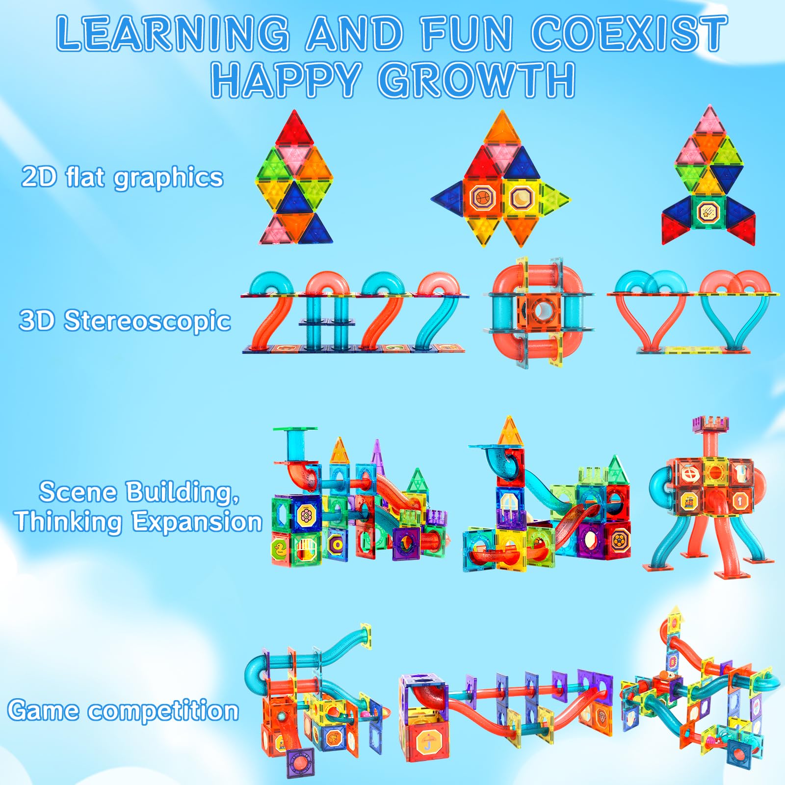 JUQG 74 Pcs Bloques de Construcción Magnéticos, Juego Construcción en 3D con Tuberías, Juguetes de Bloques de Construcción Educativos, Juguetes de Construcción para Niños para Niños Niñas 3+ (74Pcs) — view 6