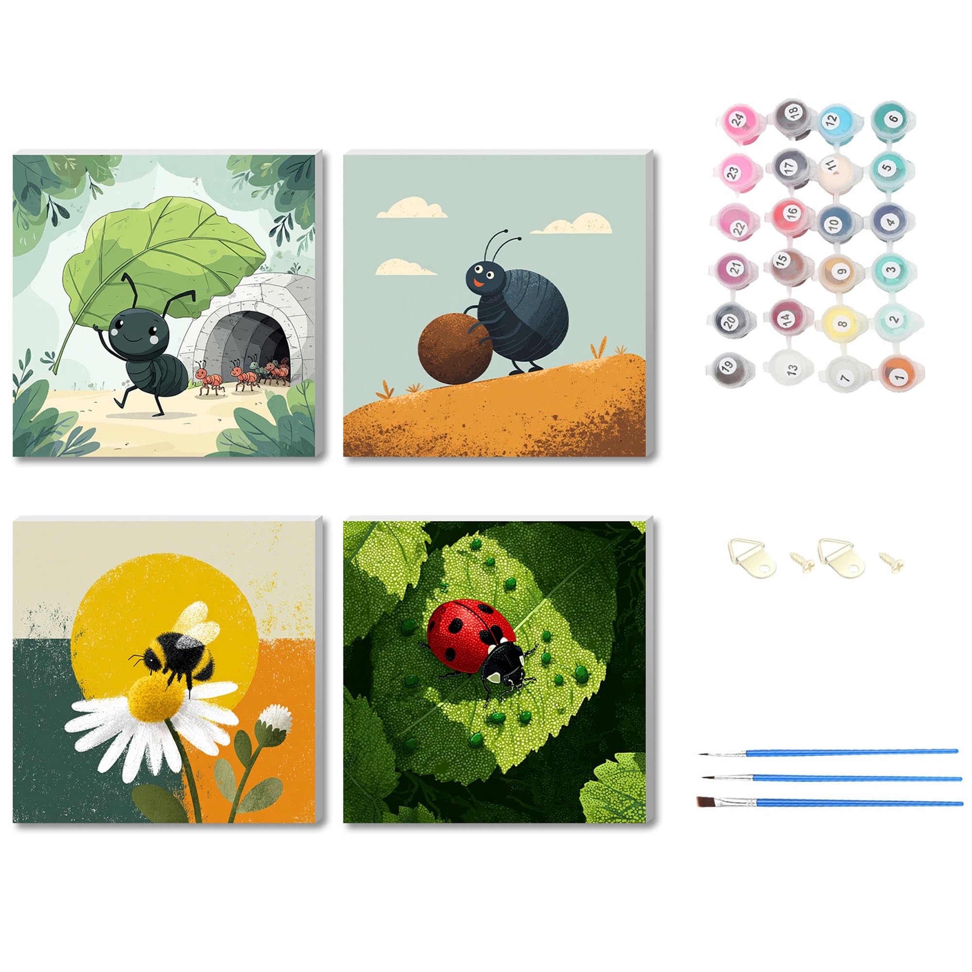 NANJDIAN Wooden Framed 4 Pack Insect Paint by Number Kits,Easy Painting by Numbers Kits for Kids Ages 8-12 on Canvas,Color by Numbers Acrylic Watercolor Gifts for Friends Home Wall Decor (Ladybug)