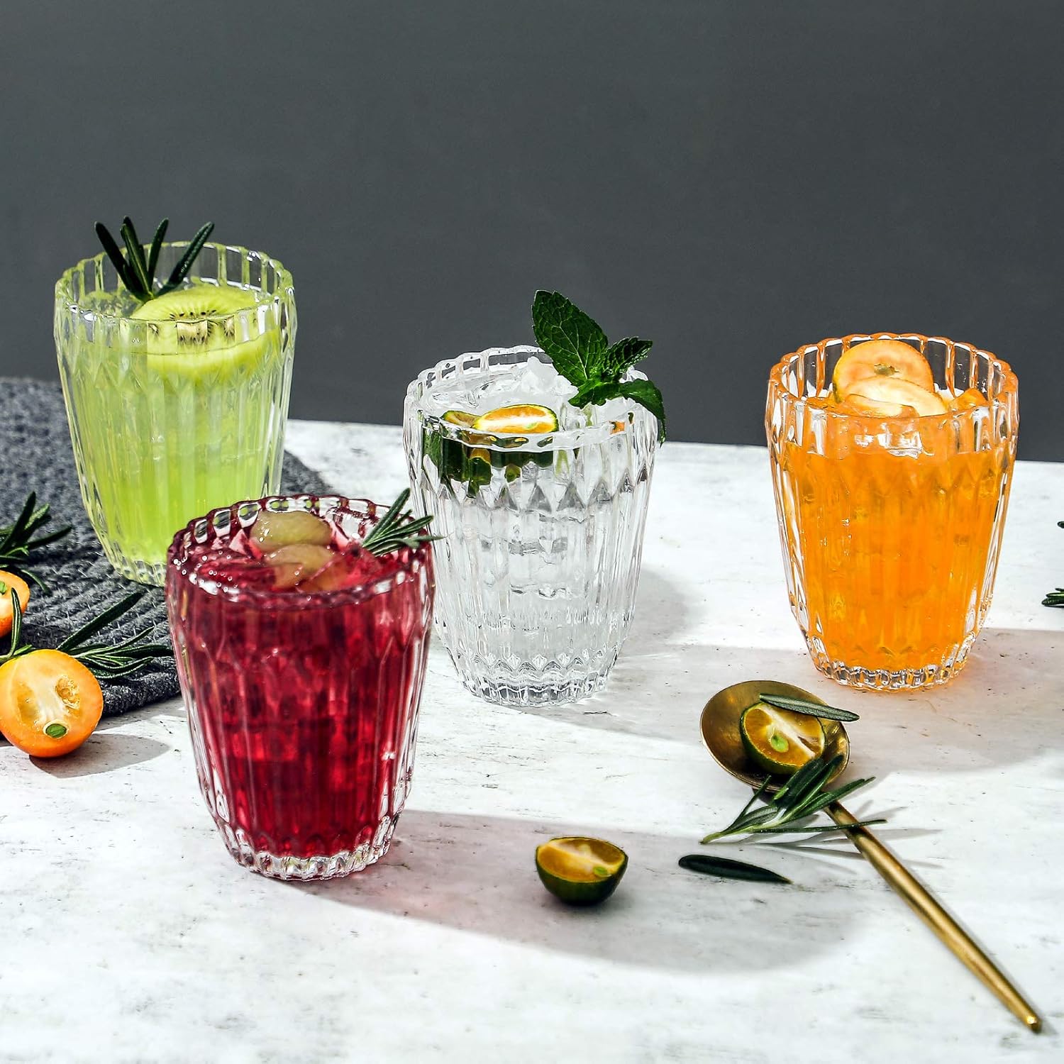 Everest Global Orogami Juice Glasses 9.3 oz. set of 6 from 1500 C Tabletop Stripe Cup Old Fashion Tumbler Antique European Style woman Drinking Water Glassware Whiskey Iced-tea Beverage Milk Soda Coke for Home