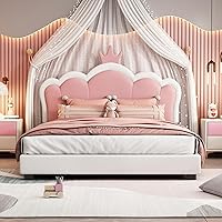 Vista 49 de Elegante cama de princesa tapizada de tamaño individual con cabecera corona, plataforma de piel sintética con soporte resistente de listones