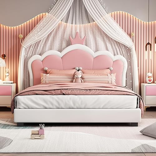 Miniatura 49 de Elegante cama de princesa tapizada de tamaño matrimonial con cabecera corona, plataforma de piel sintética con soporte resistente de listones para