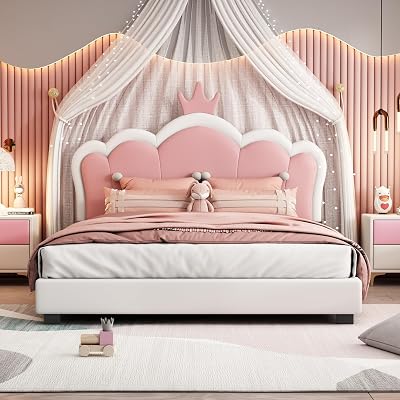 Full Size Princess Bed Frame with Crown Headboard, Cream and Pink Upholstered Platform Bed with PU Leather, Footboard, Slats Support, No Box Spring Needed, Wood Frame for Bedroom