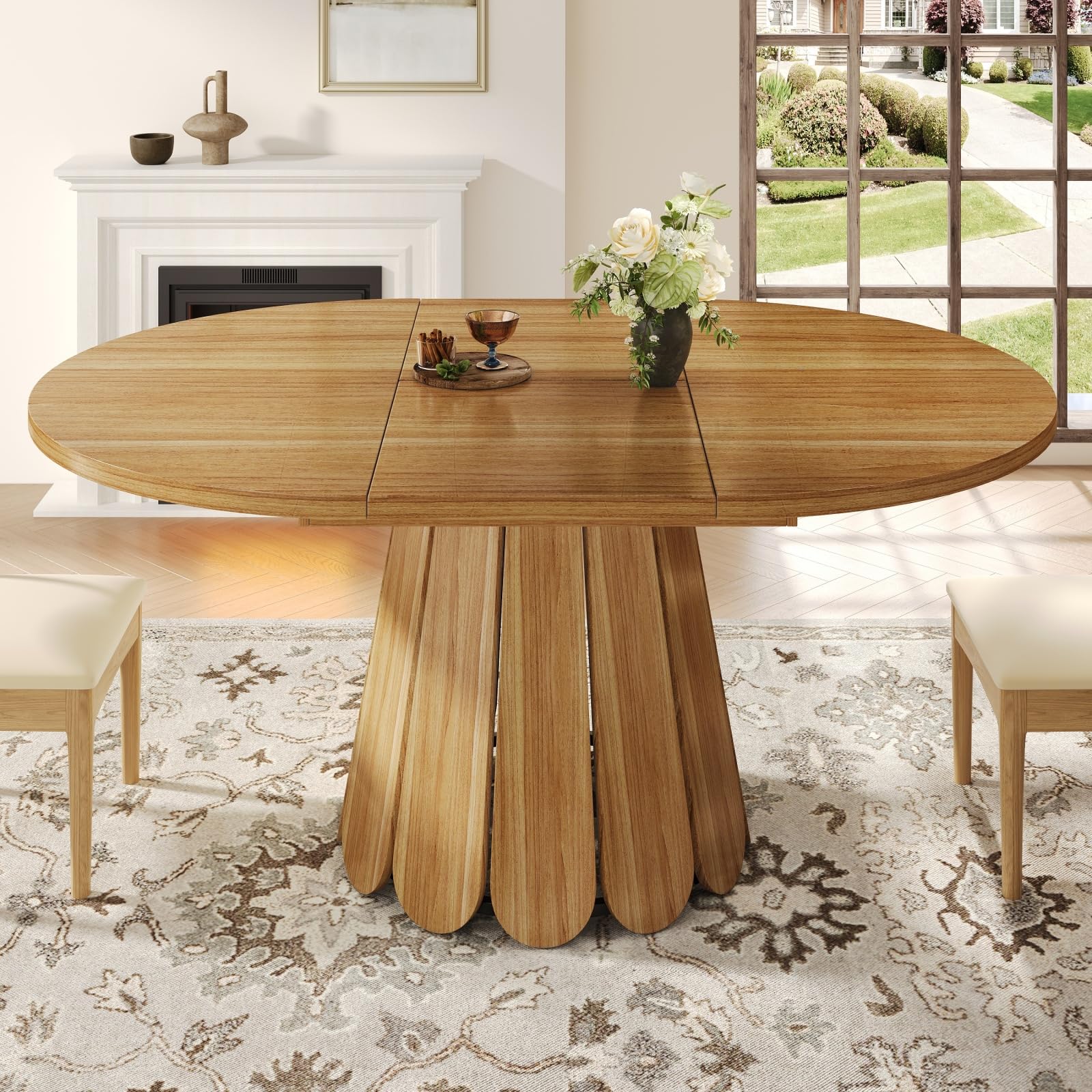YEHTOKHOME Table Ronde Extensible en Bois 118-158 cm, Table Ronde Salle à Manger avec Rallonge Intégrée, Table de Cuisine 4 à 6 Personnes, Design Vintage, pour Salle a Manger (Foncé)