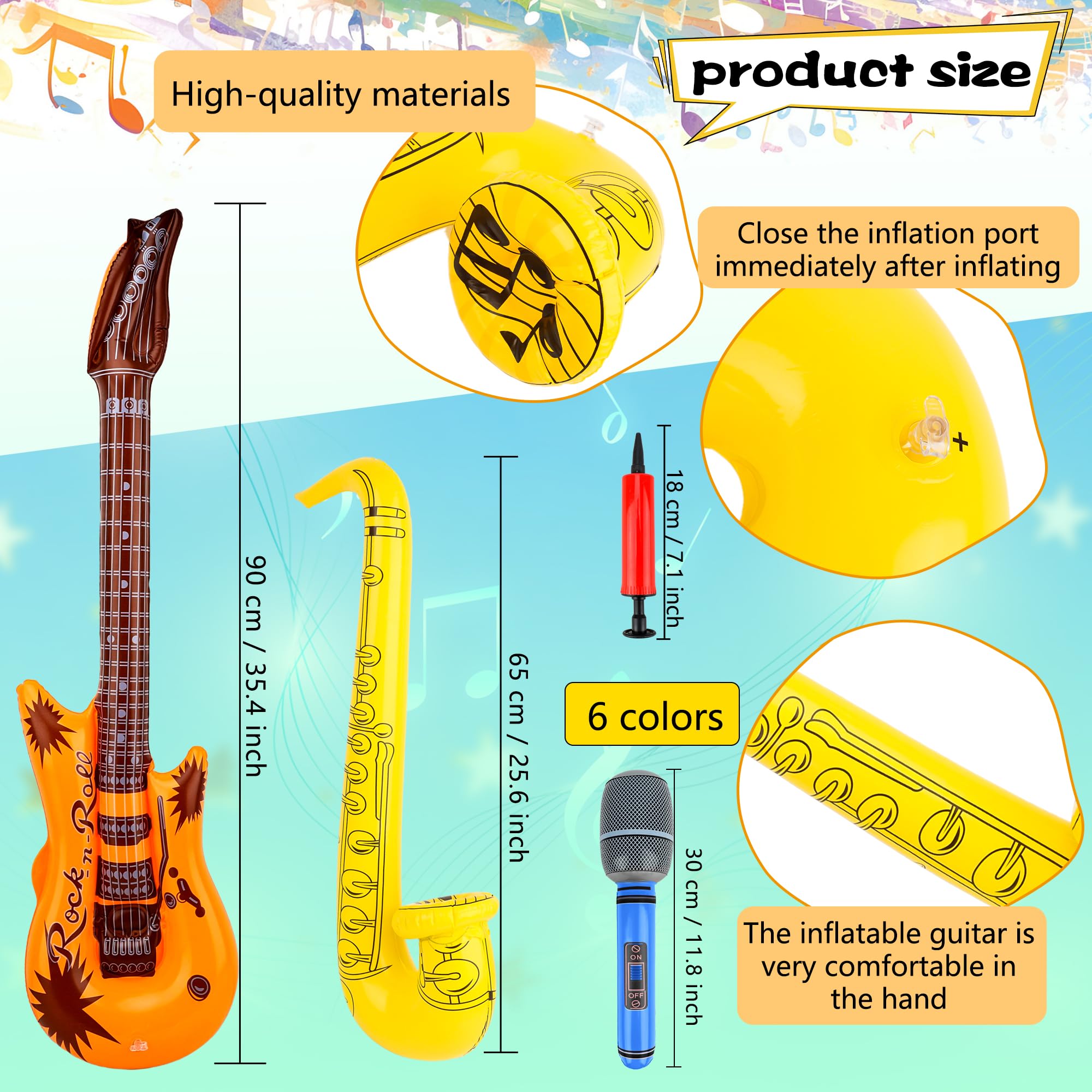 19 Pcs Inflatable Rock Star Instrument Set 6 Inflatable Microphone 6 Inflatable Guitar 6 Inflatable Saxophone 1 Air Pump for 80s Themed Party Carnival Birthday Party Decorations