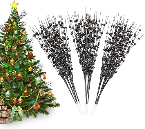 Paquete de 6 decoraciones negras para árbol de Navidad, adornos de tallos de bayas con purpurina de 16 pulgadas, palitos de púas de Navidad para