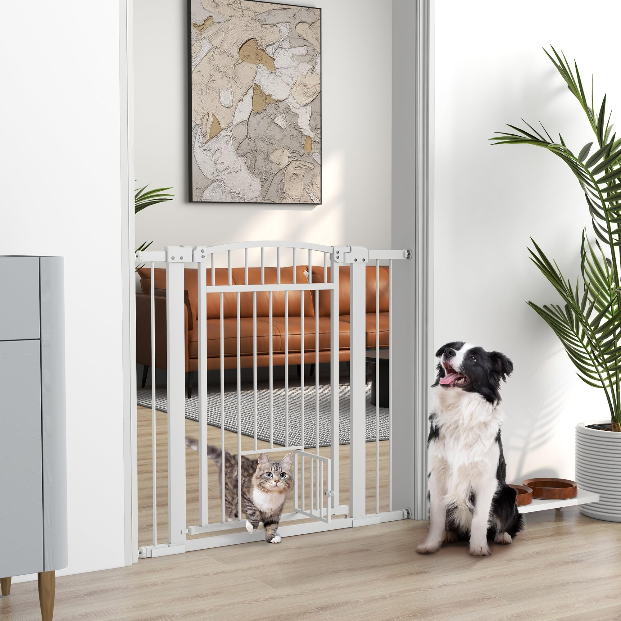 PawHut Wysuwana bramka zabezpieczająca dla psa 76-104 x 95 cm, barierka schodowa i drzwiowa z systemem podwójnej blokady, montaż ciśnieniowy lub wiercenie, barierka dla psów i kotów, biała
