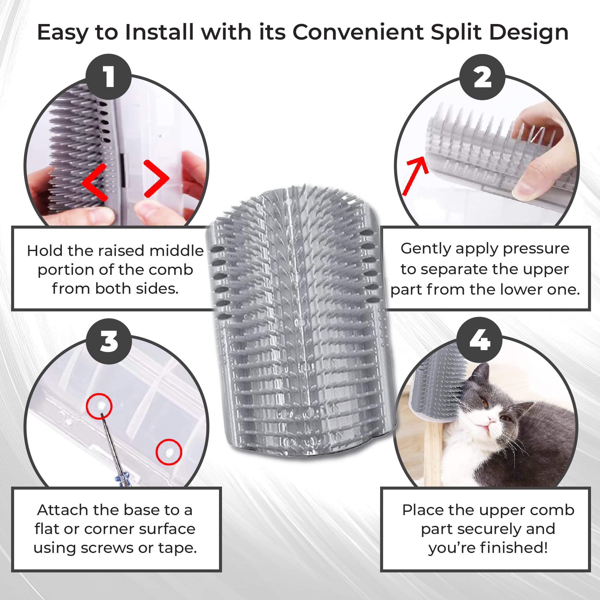 SunGrow Self-Grooming Brush for Cats, Light Gray Self Massager, Mountable to Corners and Flat Surfaces, Includes Brush, Catnip, Screws and Adhesive Tape, 1-pc - image 6