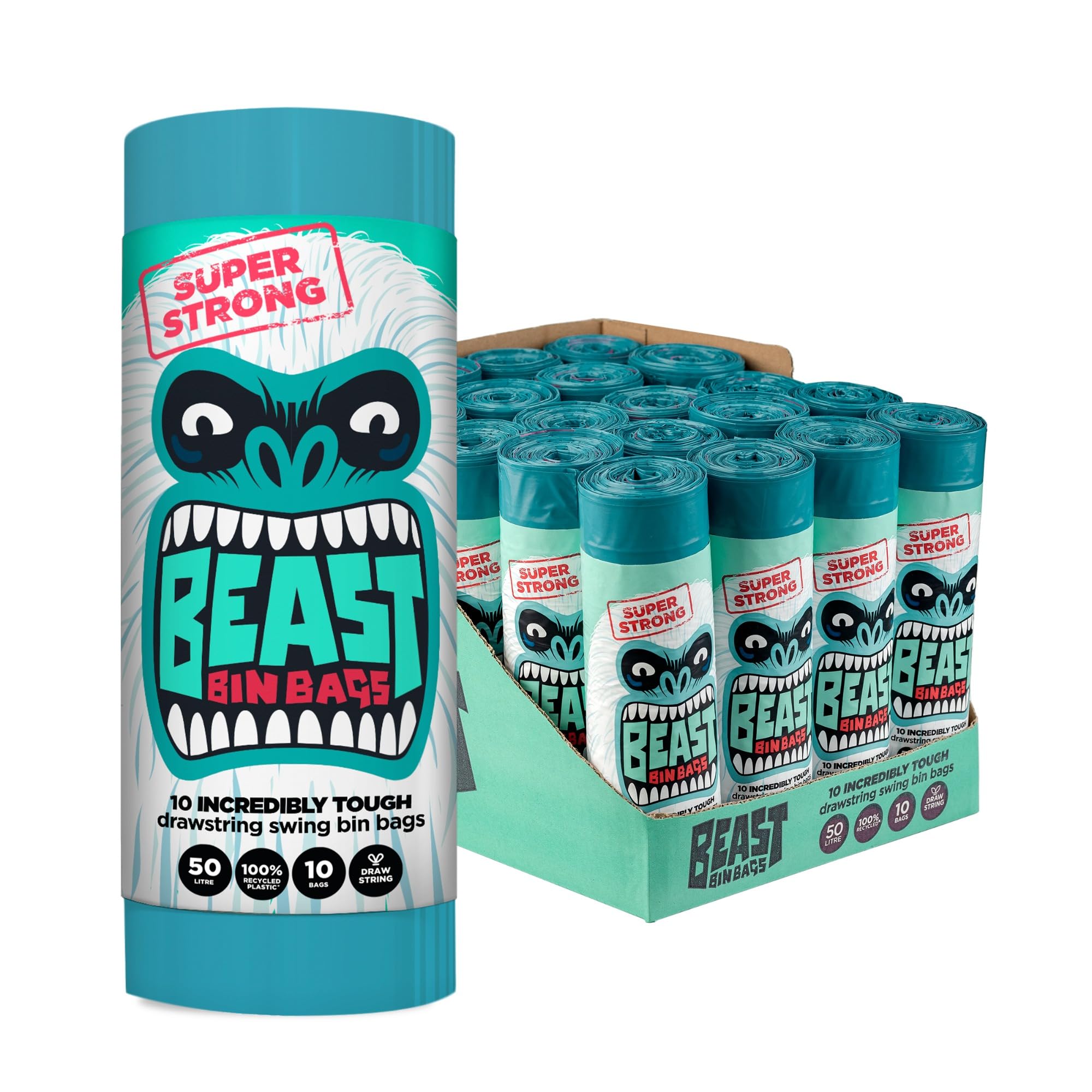 BEAST BIN BAGS, Mega Pack, 20 Rolls of 10 x 50 Litre Bags (Total 200 Bags) - Made From 100% Recycled LLDPE - Incredibly Strong Drawstring Swing Blue Bin Bags