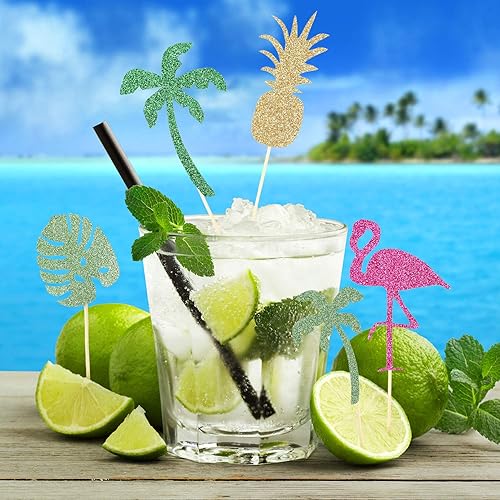 Miniatura 6 de 50 piezas tropicales hawaianas Luau Cupcake Toppers con purpurina Hawaii Cake Cocktail Palillo de dientes flamenco piña hibisco flores hojas de