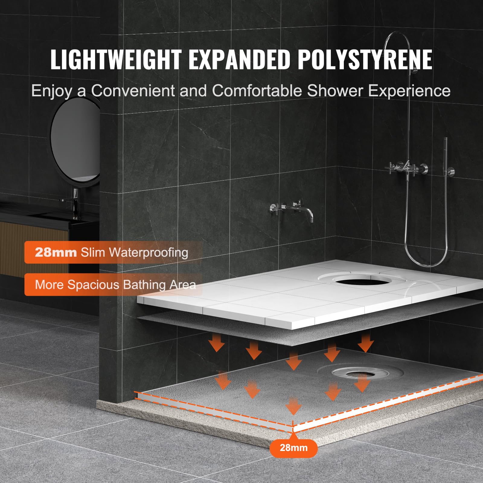 VEVOR Zestaw krawężnika prysznicowego, zestaw patelni prysznicowej 1524 x 965 mm z odpływem przesuniętym 160 mm, lekkie zestawy instalacyjne EPS z 2 wodoodpornymi ściereczkami, drążki do wanny