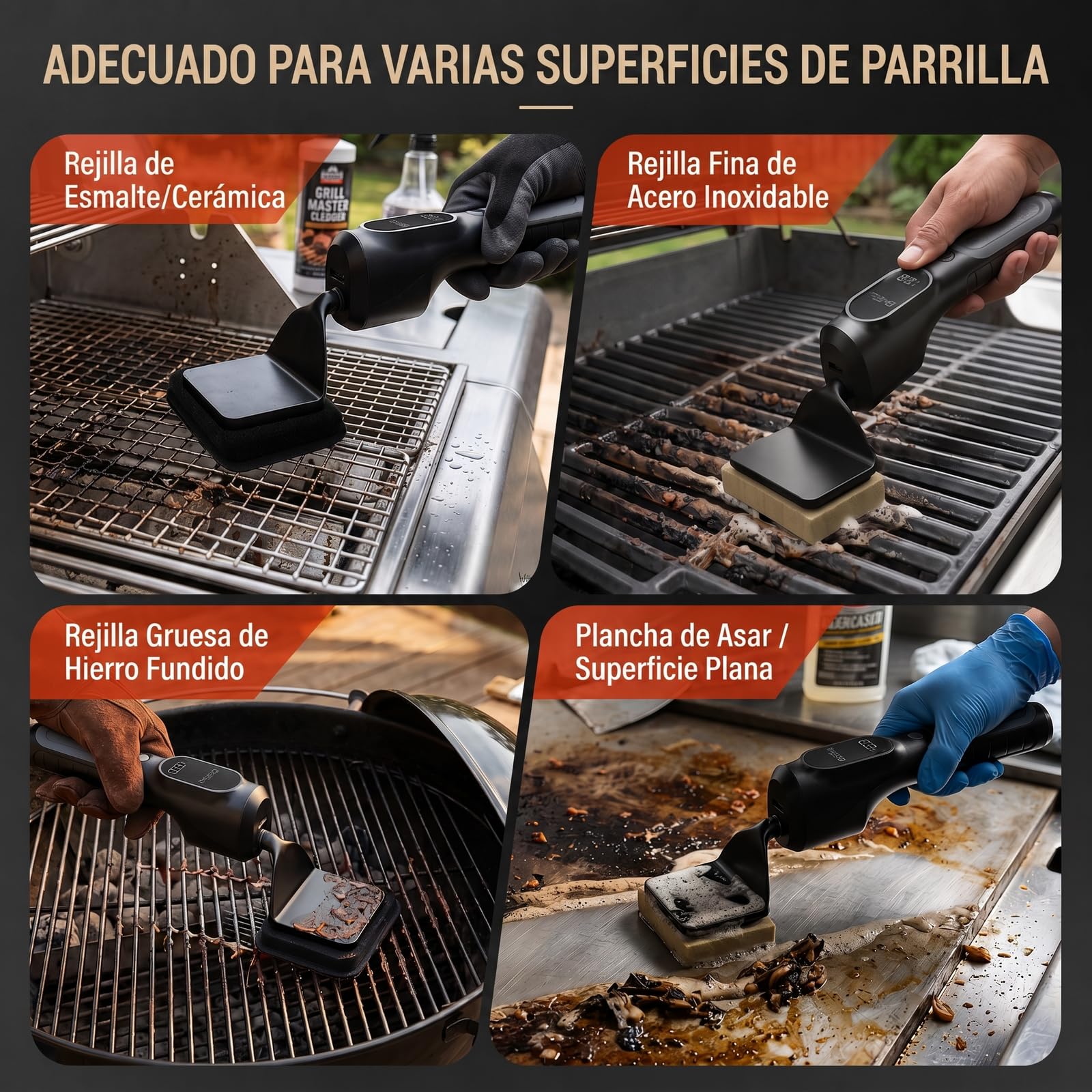 Cepillo eléctrico para barbacoa inalámbrico, control de velocidad basado en presión, recargable, fácil de limpiar, compatible con la mayoría de los aparatos de barbacoa, cerdas metálicas no falladas | Inalámbrico,Recargable,Compatible con la mayoría de lo