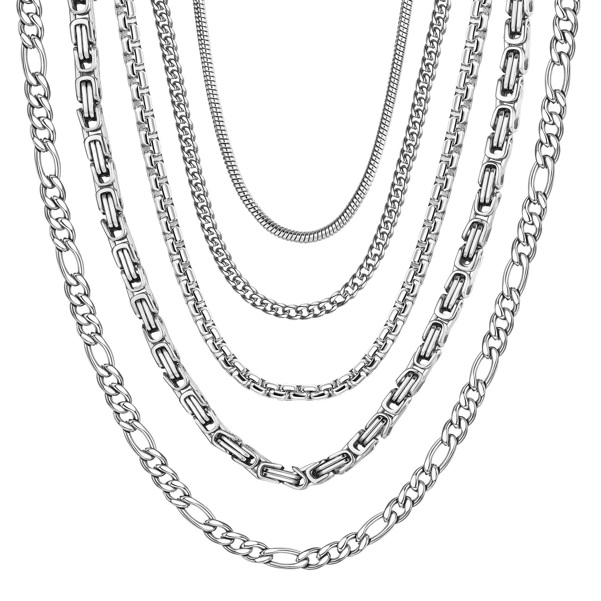 CASSIECA5 Piezas Collar de Cadena de Acero Inoxidable para Hombre Mujer Cadena de Cuerda de Plata para Colgante Cadena de Eslabones Cubanos Figaro Rolo Collar Conjunto, 46-71CM
