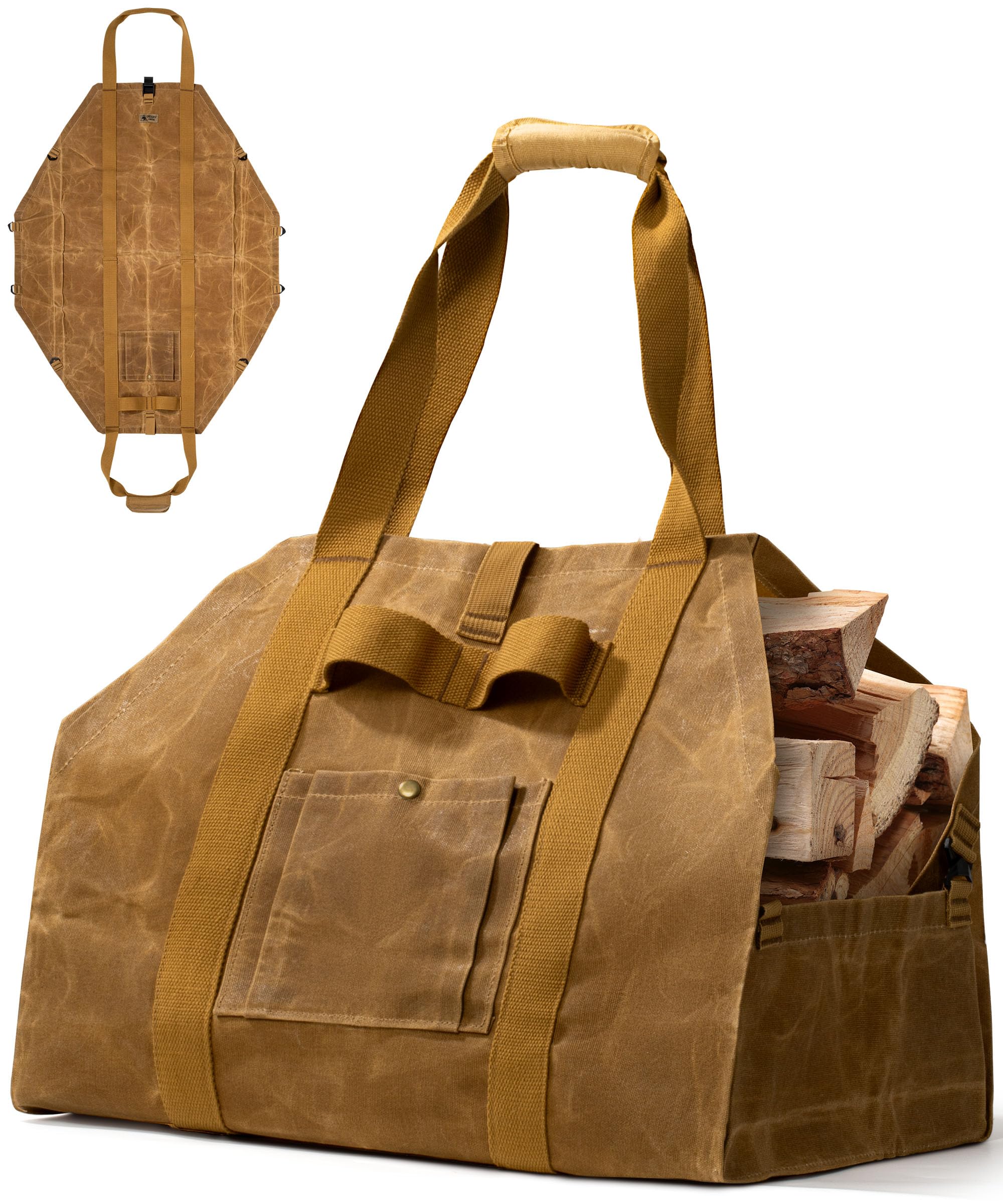 OneTigris Borsa per legna da ardere, 2 in 1, porta legna da ardere in tela cerata, impermeabile, extra grande supporto per legna da ardere con manici, cestino in legno per campeggio, barbecue e