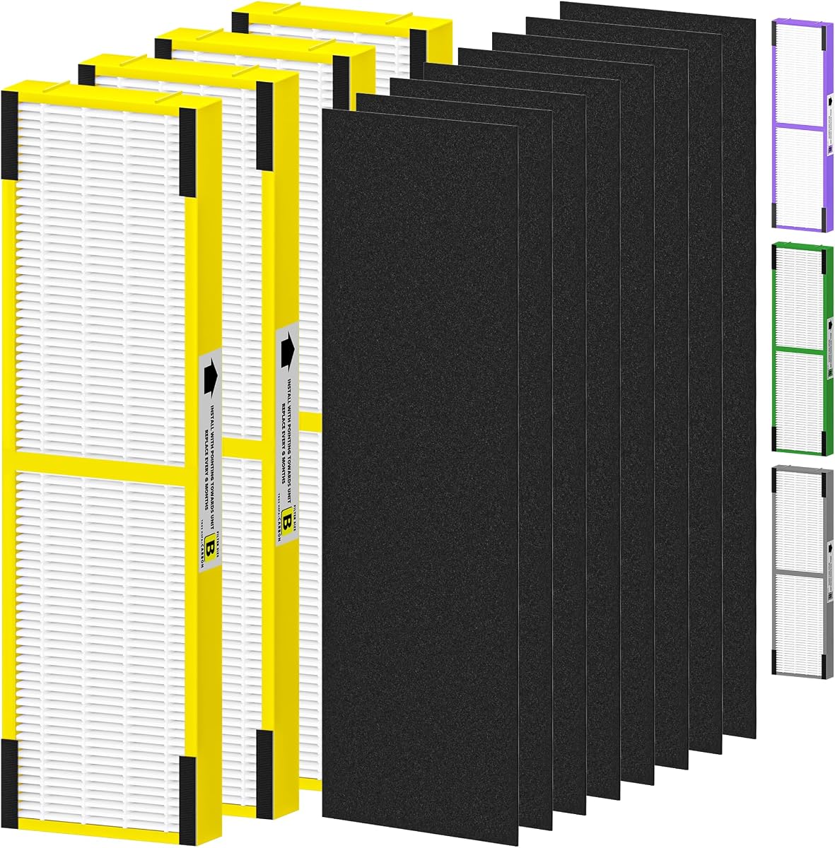4 Pack FLT4825 Filter B Replacement Compatible with G-Guardian Air Purifiers AC4825 AC4825E AC4825W AC4850 AC4300 AC4800 AC4900 for Home, 4 True Efficient Filters and 8 Carbon Pre-Filters Set, Yellow
