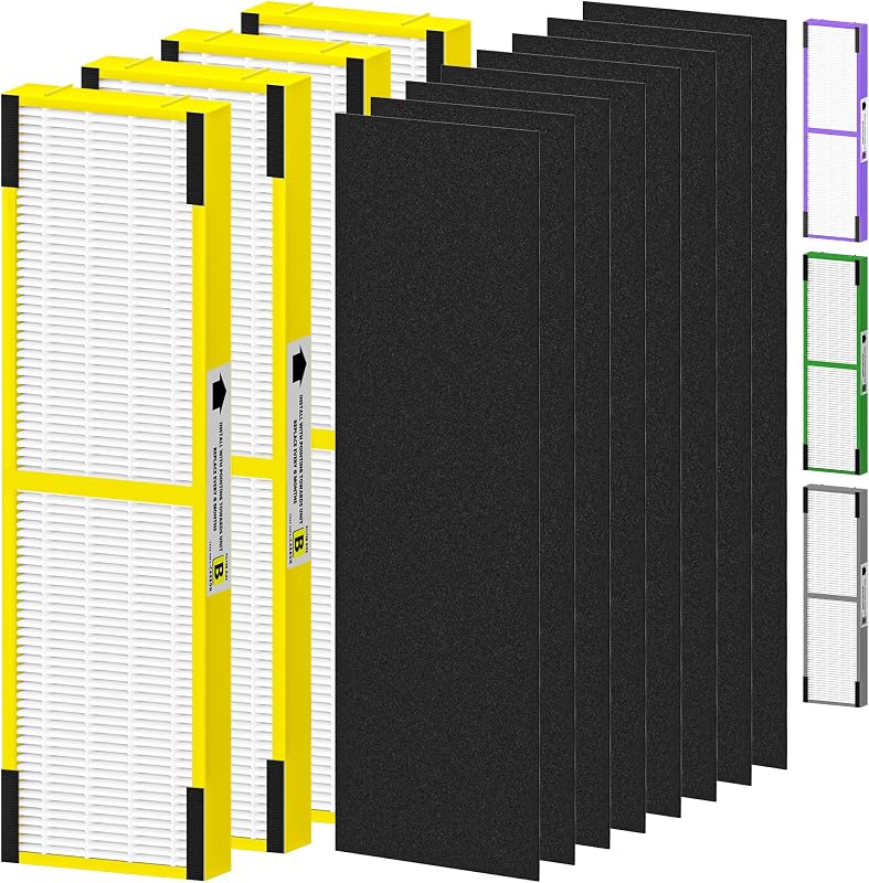 4 Pack FLT4825 Filter B Replacement Compatible with G-Guardian Air Purifiers AC4825 AC4825E AC4825W AC4850 AC4300 AC4800 AC4900 for Home, 4 True Efficient Filters and 8 Carbon Pre-Filters Set, Yellow