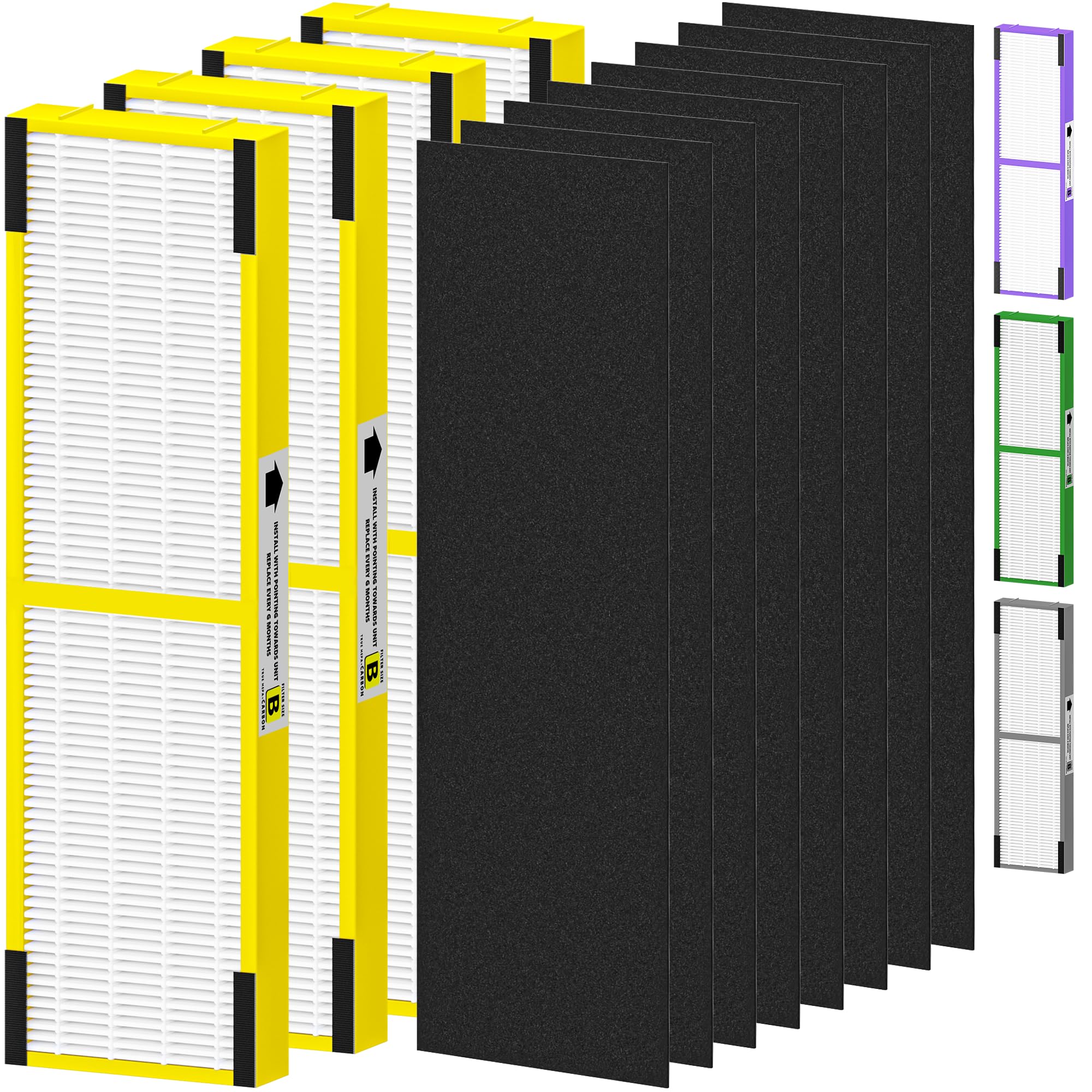 4 pack flt4825 filter b replacement compatible with g-guardian air purifiers ac4825 ac4825e ac4825w ac4850 ac4300 ac4800 ac4900 for home, 4 true efficient filters and 8 carbon pre-filters set, yellow
