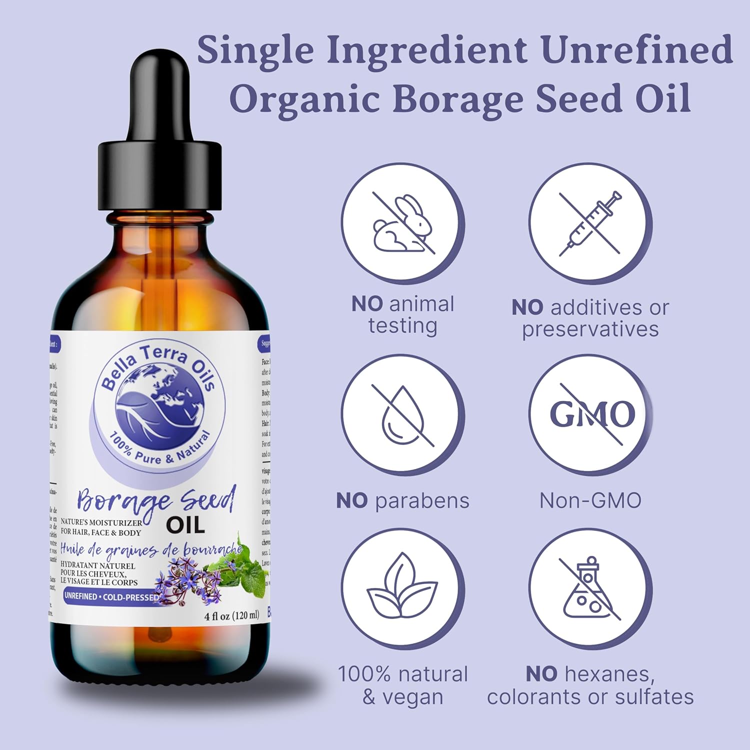 Bella Terra Oils - Organic Borage Seed Oil 8 oz - Cold-Pressed from Organic Borage Seeds, Overflowing with Vitamin E & Omega Fatty Acids, an Elixir of Youth & Beauty