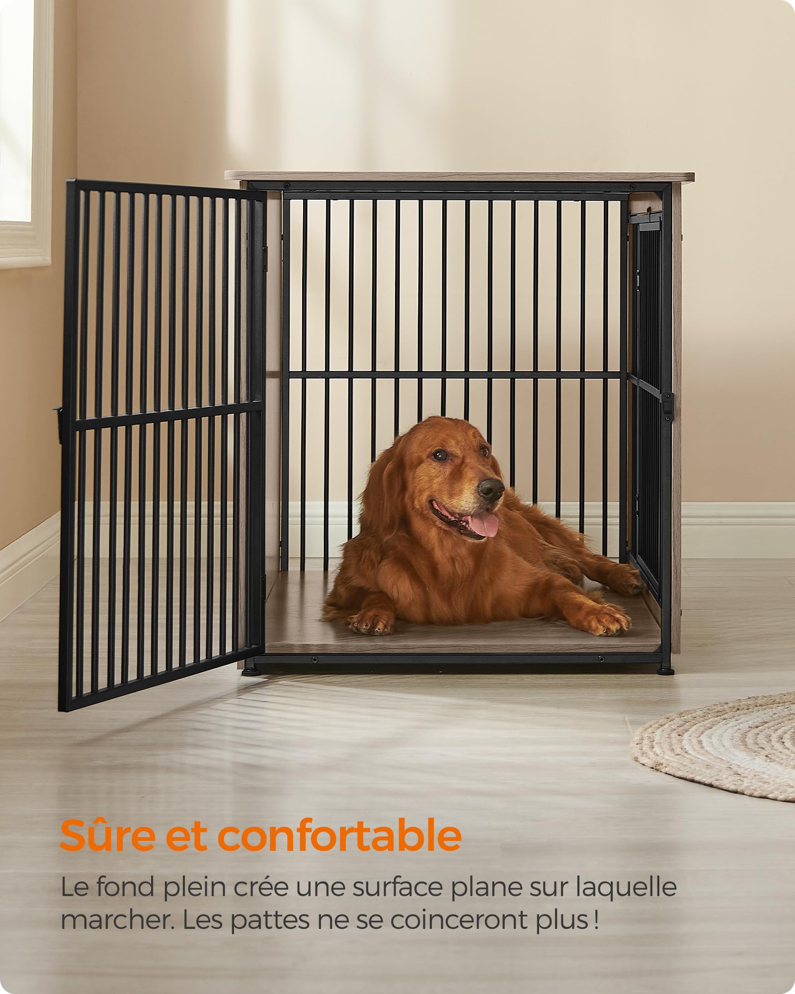 Feandrea Meuble Cage pour Chien, Table d’Appoint, Niche Moderne pour Chiens Jusqu’à 37 kg, Cage Solide pour Chien avec Fond Plein, Double Porte, Grège Chiné PFC024G01