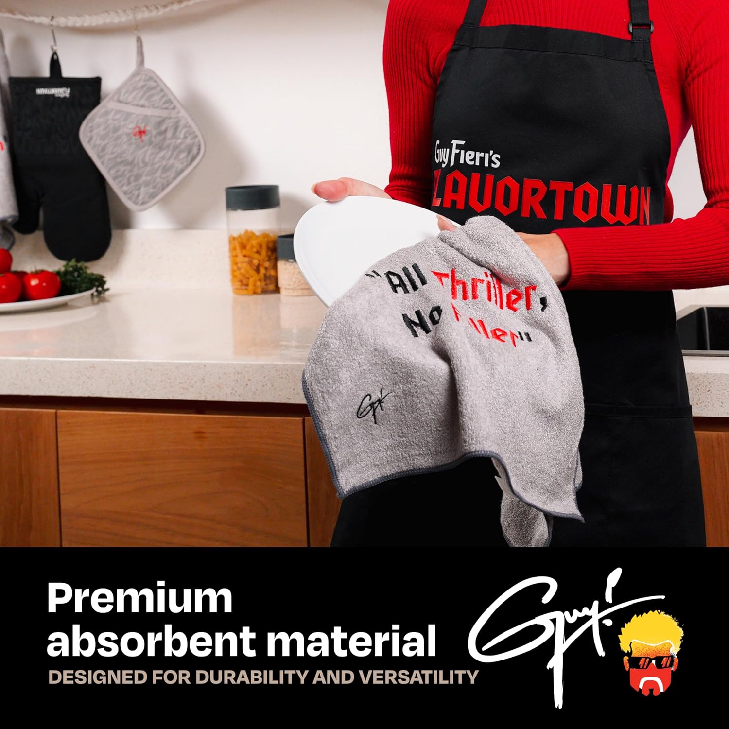 Guy Fieri’s Flavortown Kitchen Towels 4-Pack – Absorbent Dish Cloths, Hand Towels, Durable Linen Set for Cleaning and Drying in The Kitchen, Gray