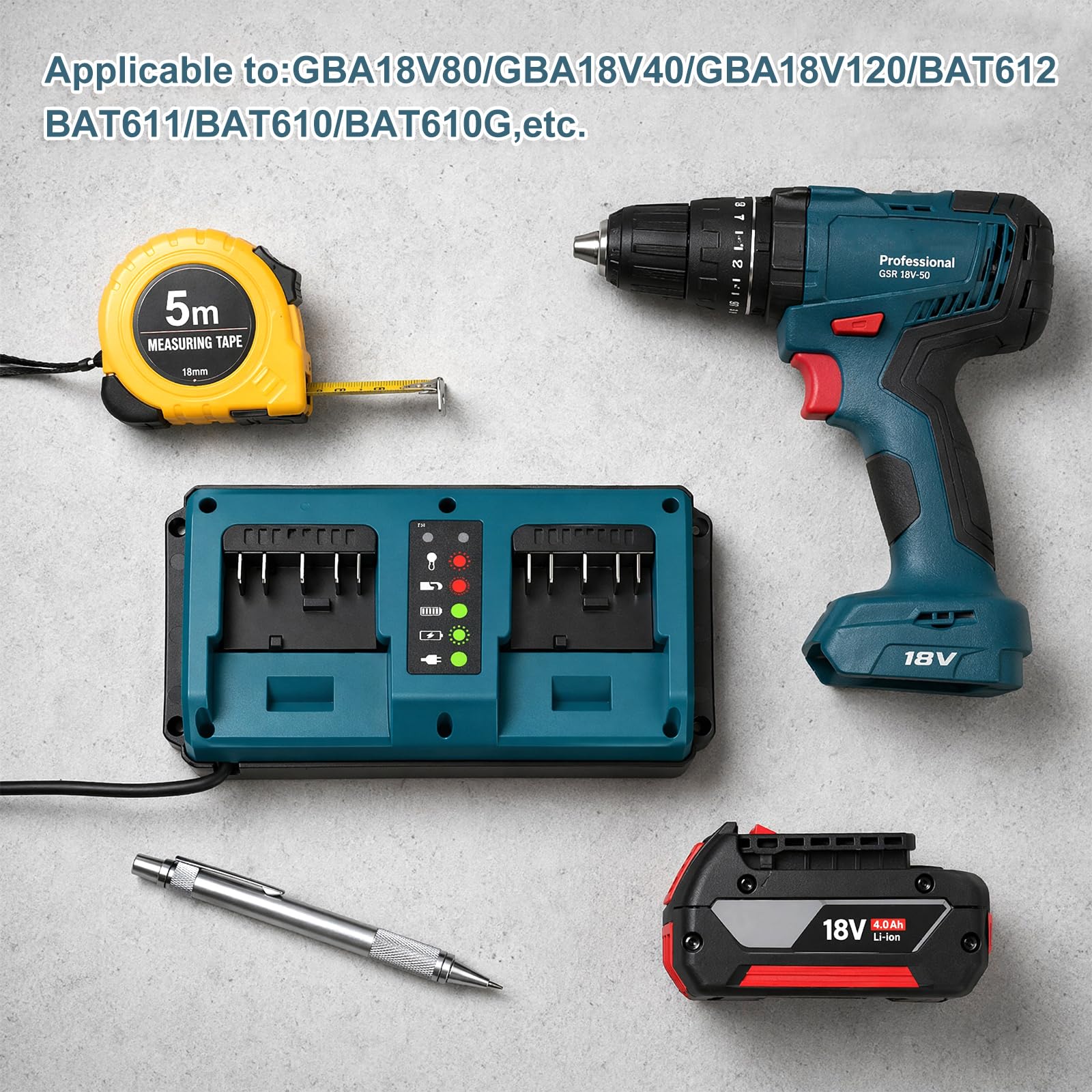 Cargador para batería Bosch de 18 V, cargador de doble puerto de repuesto, cargador rápido con indicador LED, batería profesional de 18 V para GBA BAT609 BAT610/BAT610G BAT611 BAT612 BAT618G BAT619