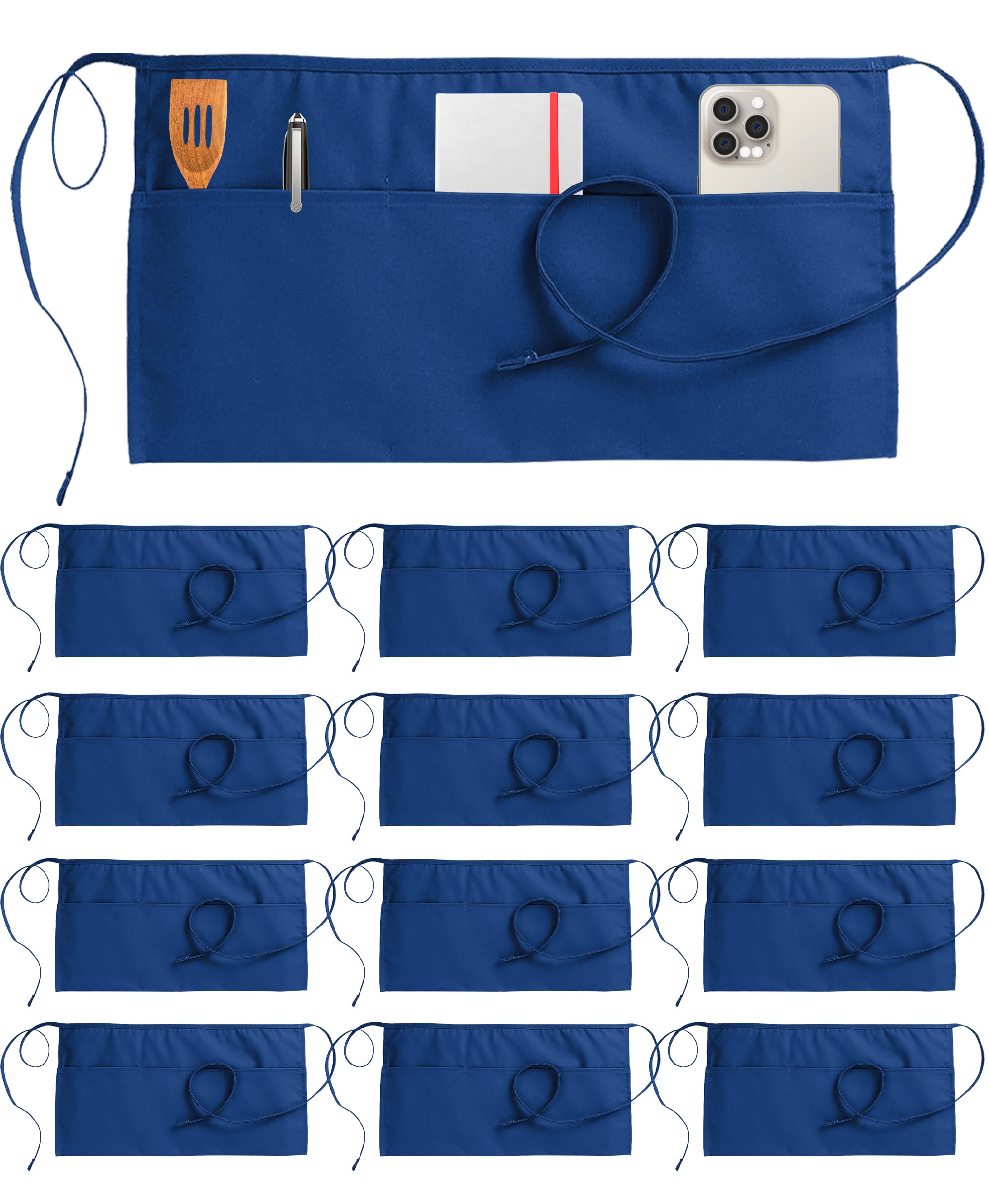 Utopia Wear 12 Pack Server Apron with 3 Pockets, Waist Apron for Waiter Waitress, 12 Inches, Blue