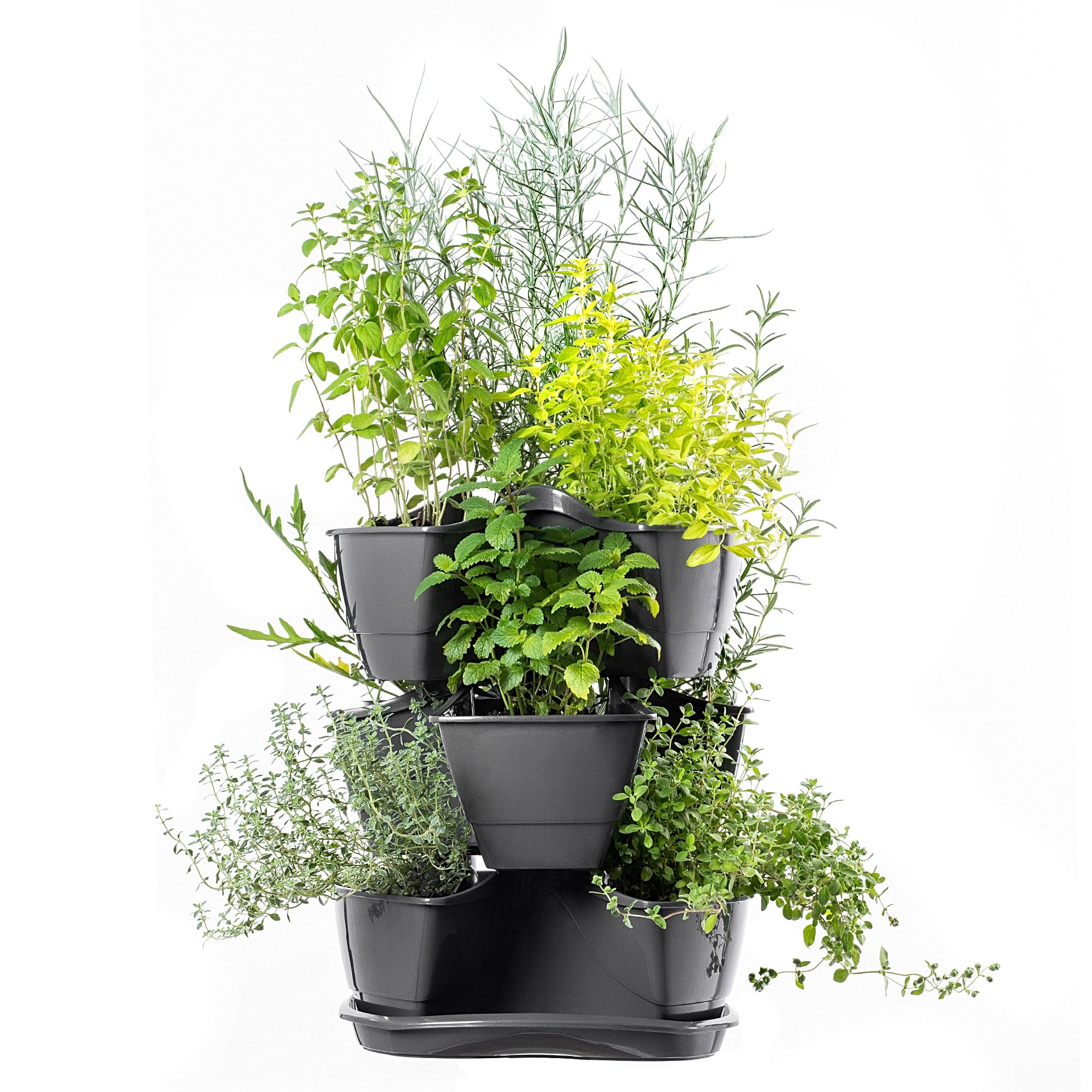 KADAX Pflanzturm, Vertikaler Kräutergarten aus robustem Kunststoff, 3L/9L Säulentopf, Vertikaler Garten für Balkon, Terrasse, Stapelbare Pflanztöpfe (Stehend 3, Graphit)