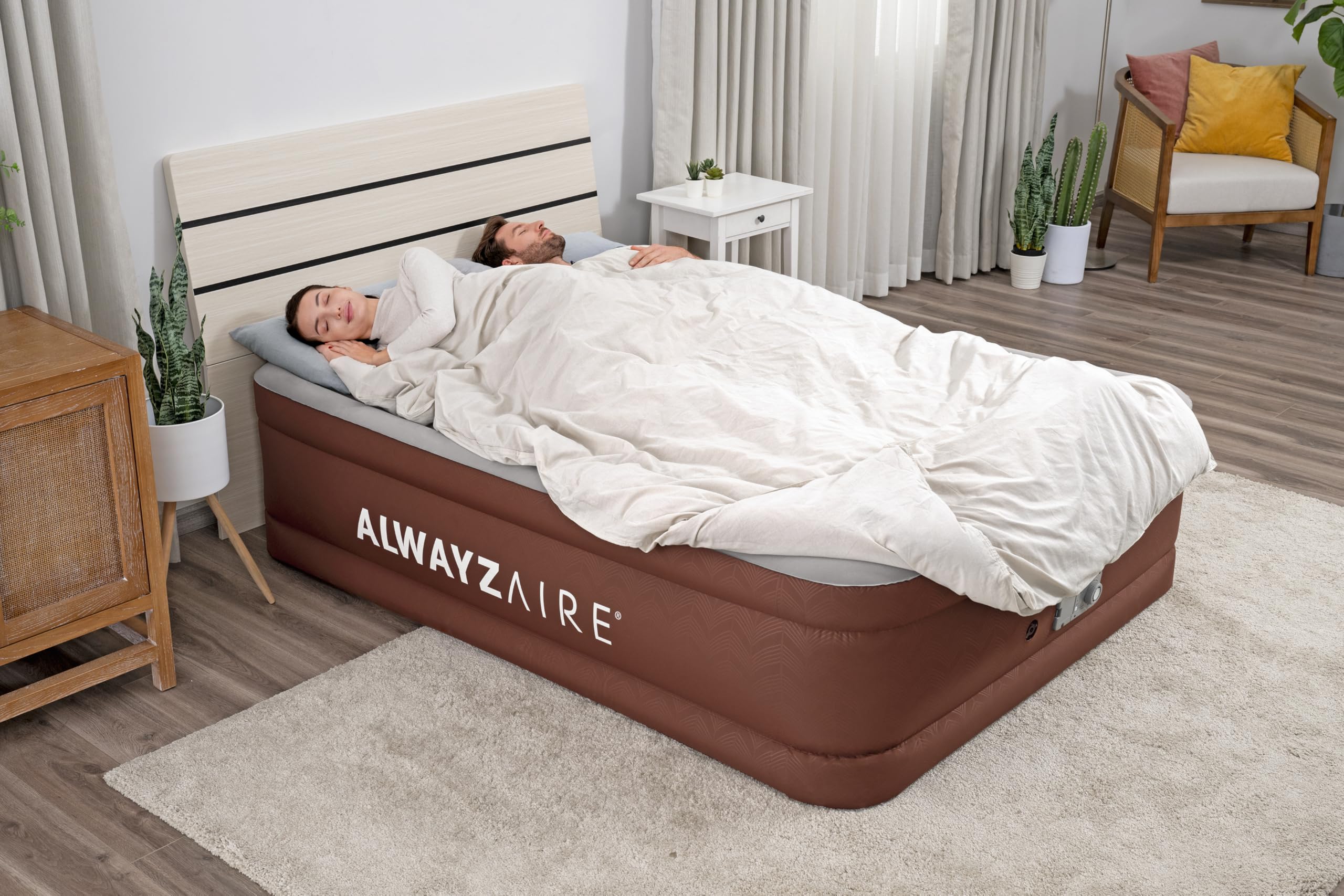 Bestway AlwayzAire Fortech podwójne łóżko dmuchane z pompą Comfort Choice+, 203 x 152 x 51 cm, dla 2 osób, 350 kg, 180 s, falowane wiązki, porty USB, lampka nocna, Soft Top, w zestawie torba, zestaw