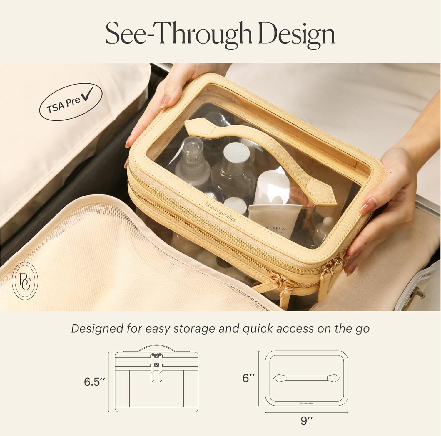 Clear Travel Makeup Bag for Women Organizer with Handle Beige, Extra Large Transparent Makeup Bag Toiletry Organizer with Zipper, Clear Cosmetic Travel Bags for Women Skincare Organizer for Traveling