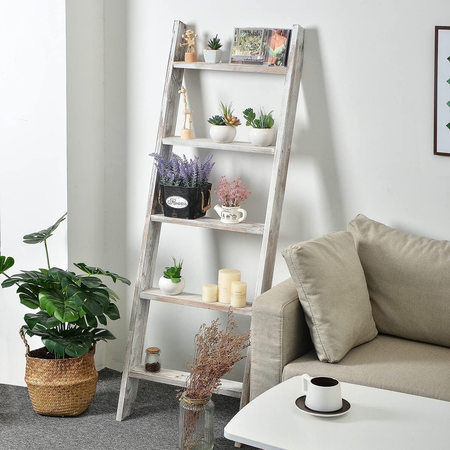 Rustic 5-Tier Wall-Leaning Wood Loadder Towel Racks for Bathroom Livingroom Kithen Office Woden Farmhouse Ladder-Style Blanket Rack Multipurpose Organizer Rack for Home (White)