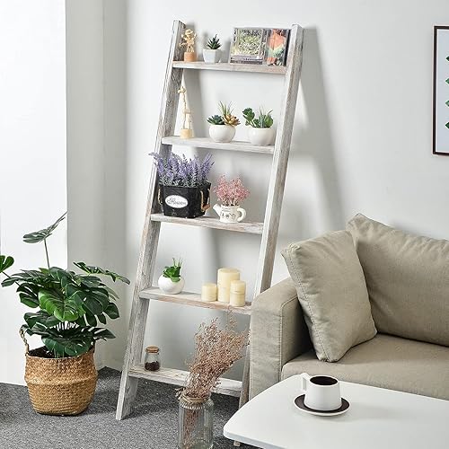 Miniatura 9 de Toalleros de madera rústica de 5 niveles para baño, sala de estar, cocina, oficina, Woden, granja, estilo escalera, organizador multiusos para el