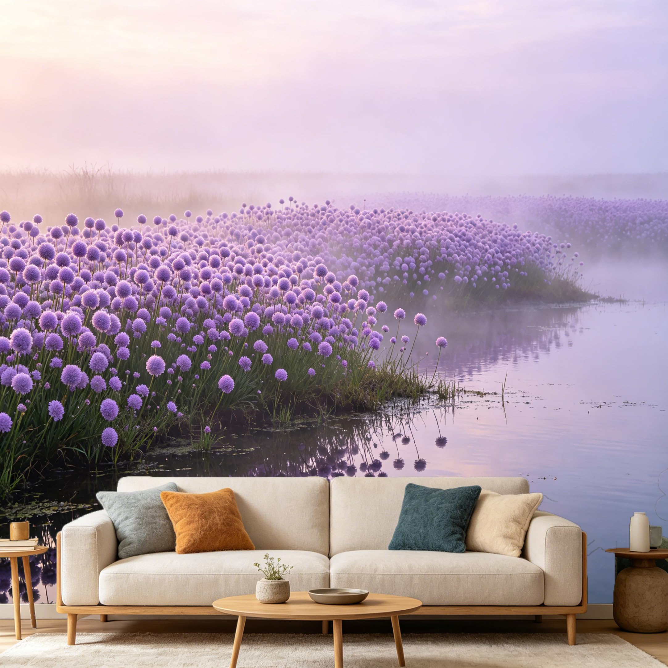 Custom Size Wall Mural Purple Wildflower Meadow Foggy Lake Landscape SelfAdhesive Art Prints wall Fabric（No PVC） Removable Wallpaper Home Bedroom Decor