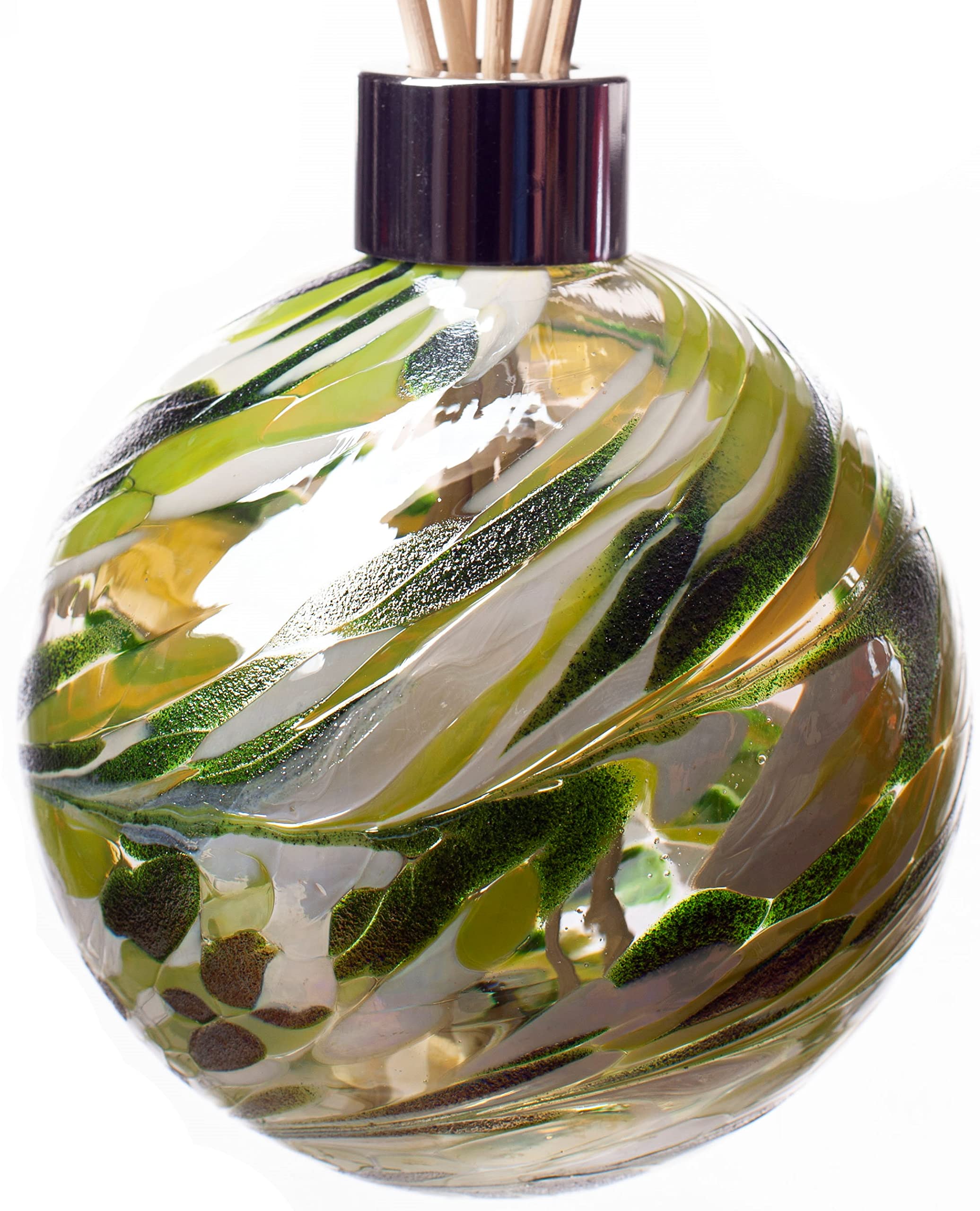 Amelia Art Glass Green & White Reed Diffuser Sphere In 11.5Cm And With Reeds Height 27Cm