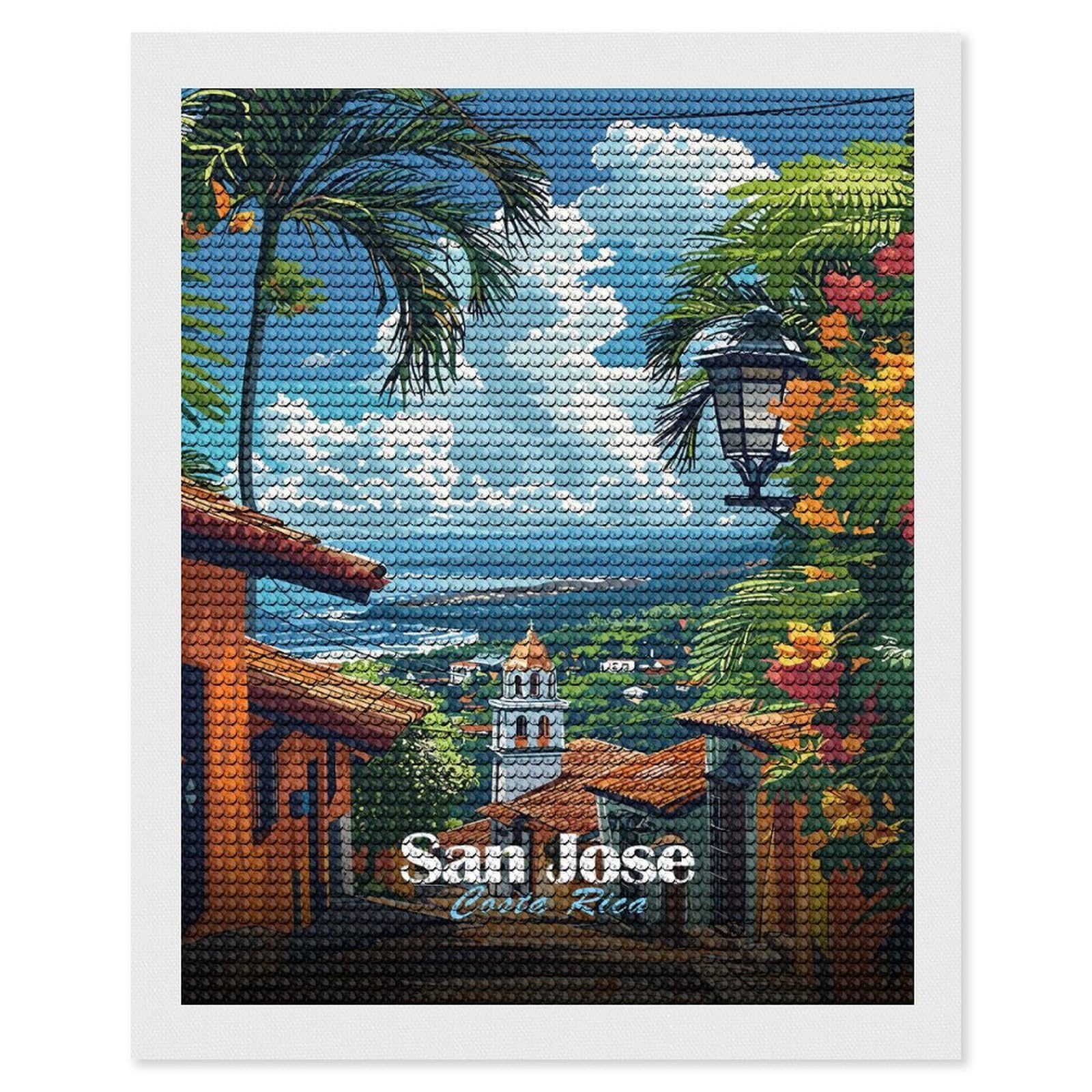 Junmoney San Jose, Costa Rica Crystal Diamond Art Kit 16"x20", Round Gems, Detailed Printed Canvas, Creative Gift Idea, Vintage Style Decor