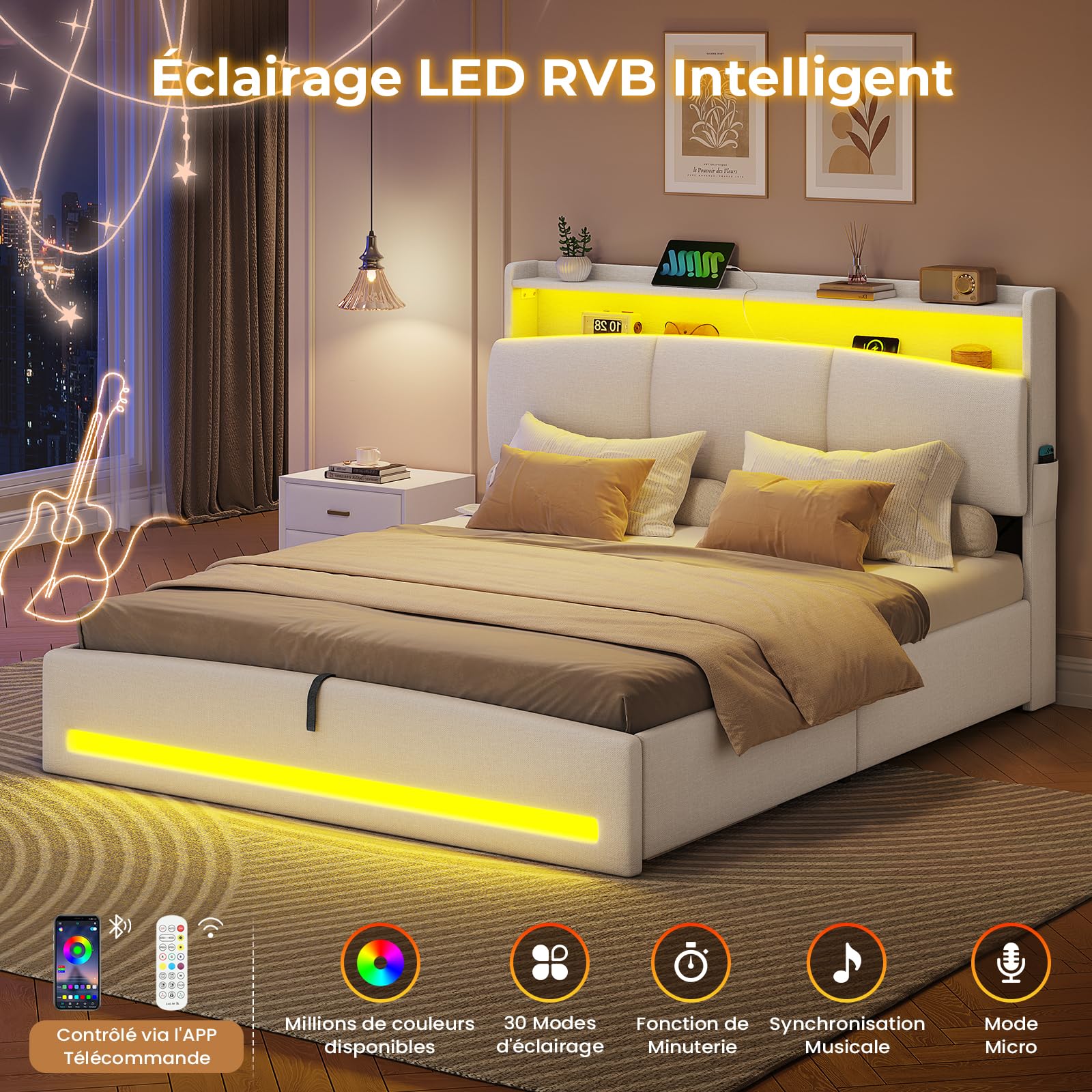 AOGLLATI Lit Coffre 140×190 avec LED et Ports USB,Tête de Lit capitonné avec Étagères Ouvertes et Rangement Caché, lit 2 Personnes avec Hydraulique, Sommier à Lattes, Lin Beige (sans Matelas)