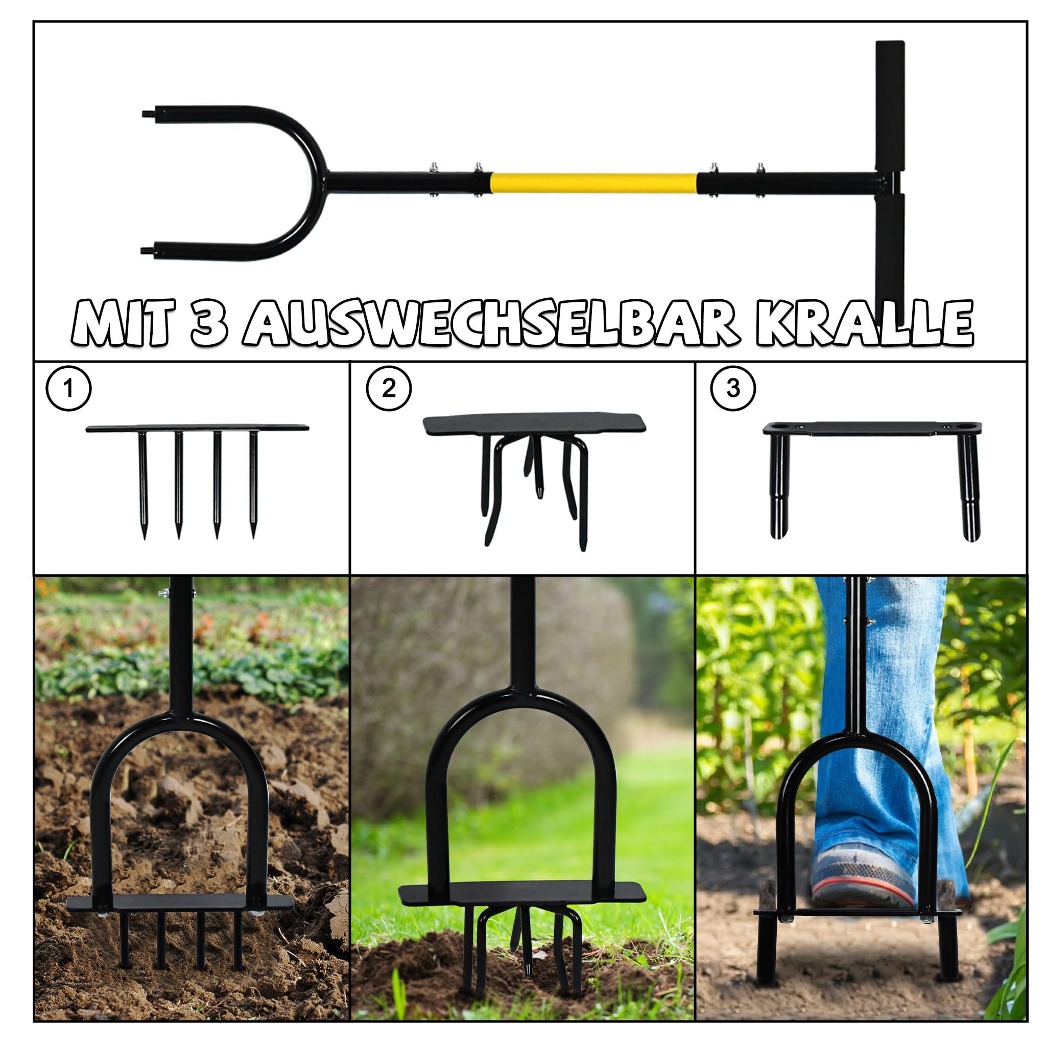 Froadp 3 en 1 Griffe de Jardin Grelinette avec Manche Beche Jardinage en Acier Outillage de Jardin avec 3 Charrues Griffe de Sol Manuelle Aération du Gazon pour Ameublir Labourer et Désherbage