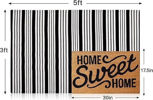 Miniatura 2 de MUBIN Alfombra de algodón a rayas blancas y negras de 3 x 5 pulgadas, reversible, tejida a mano, lavable, para porche, entrada principal.Para