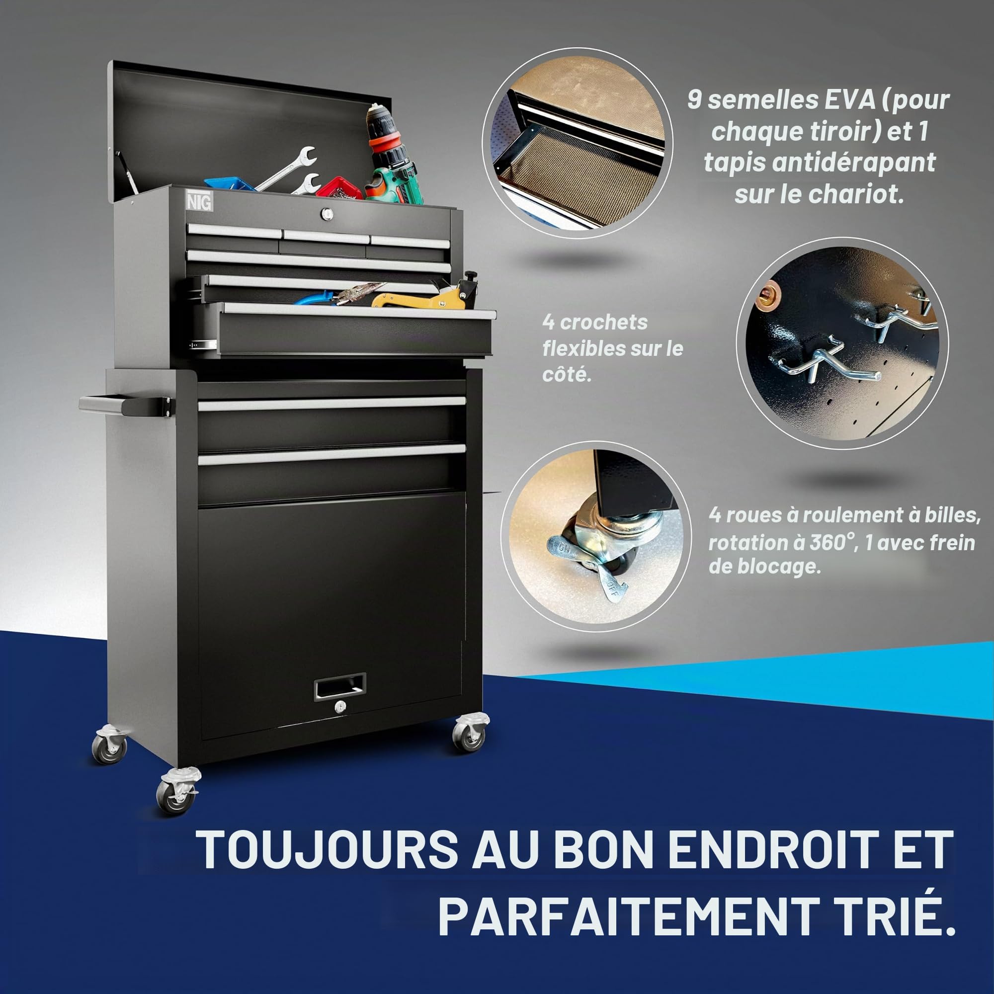 NTG Chariot d'atelier avec Coffre : 9 Compartiments, verrouillable, métal Robuste | Chariot à Outils sans Outils | Chariot pour Le Rangement des Outils avec Serrure