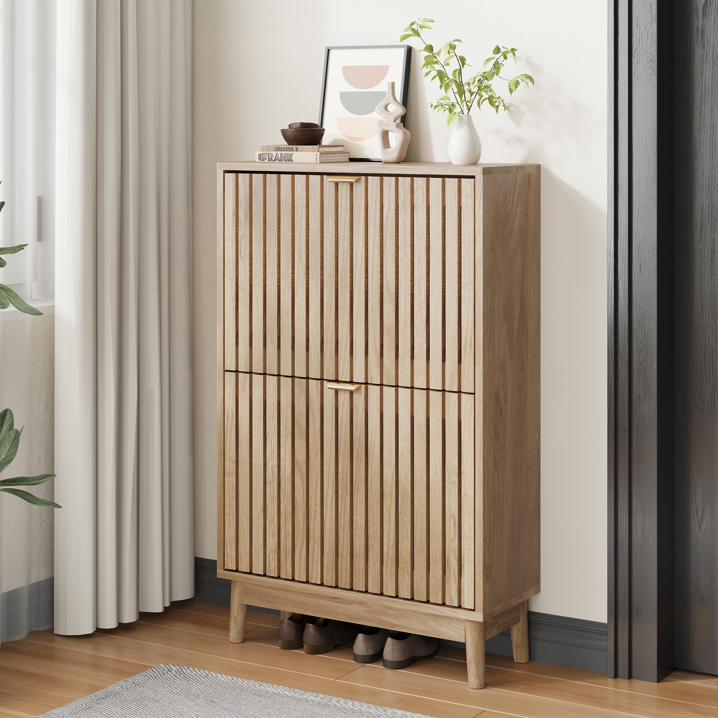Kiasthome 2 Flip Drawer Shoe Storage Cabinet, Wooden Shoe Organizer with Ventilated Slatted Doors for Entryway, Hallway, Living Room