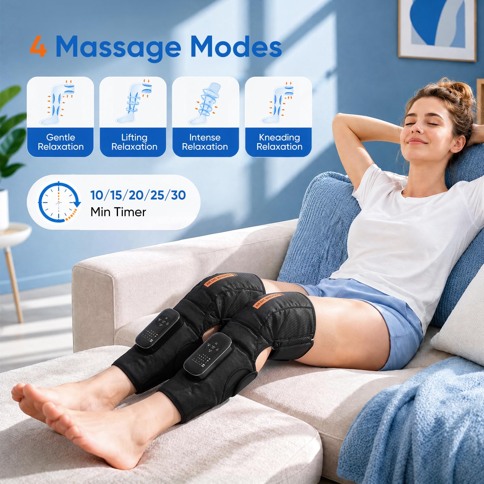 Kabelloses Beinmassagegerät mit Heizung, 2 Airbags Luftkompressionsmassage für Oberschenkel Knie Waden, 4 Modi 5 Intensitäten 3 Heizstufen, EMS-Vibration, HD-Bildschirm, 2500mAh Akku