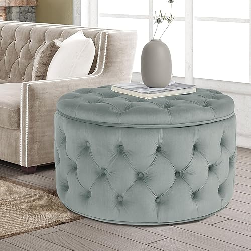 Miniatura 30 de Joveco Otomana redonda de almacenamiento, otomana tapizada con botones y parte superior extraíble, banco de almacenamiento, mesa auxiliar, Negro,