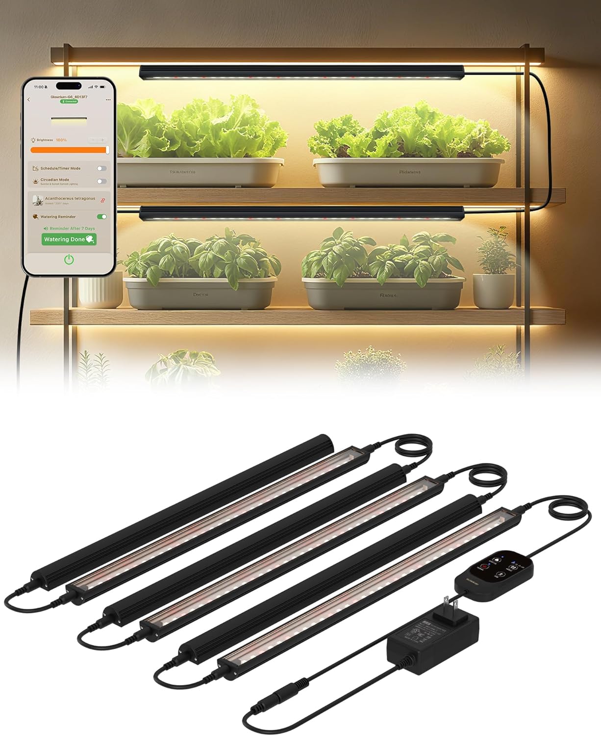 Smart Grow Light for Indoor Plants,3500K Full Spectrum LED Plant Light Strips with 3/9/12H Auto Timer,Stepless Dimming,Modular Design，Plug and Play (Black, 6 Pack 48W)