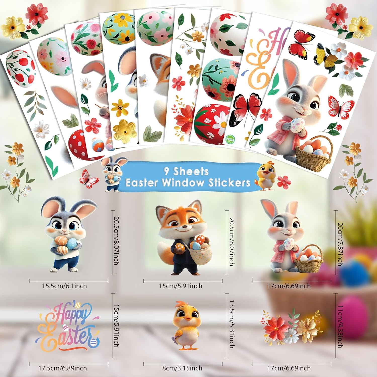 AhfuLife Easter Window Cling, 9 Sheets Larger 3D Bunny Rabbit Chick Window Stickers, Happy Easter Eggs Spring Window Decals for Home, Office, School Party Decoration Supplies