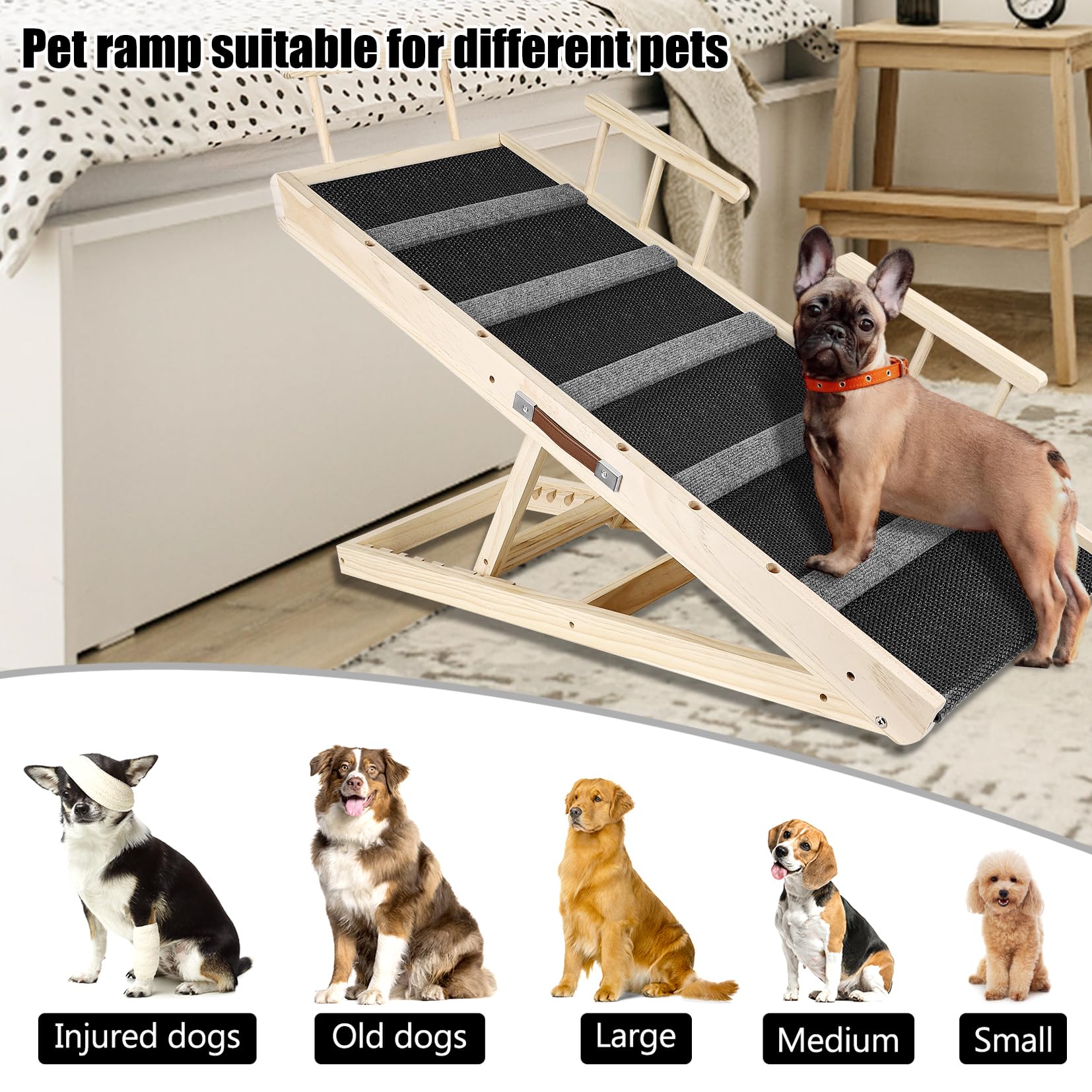 Rampa portátil multifuncional de madera plegable para mascotas, adecuada para gatos y perros, rampa de 110 cm de largo con altura ajustable de 12 a 23.4 pulgadas. Rampas para perros-110ZT,