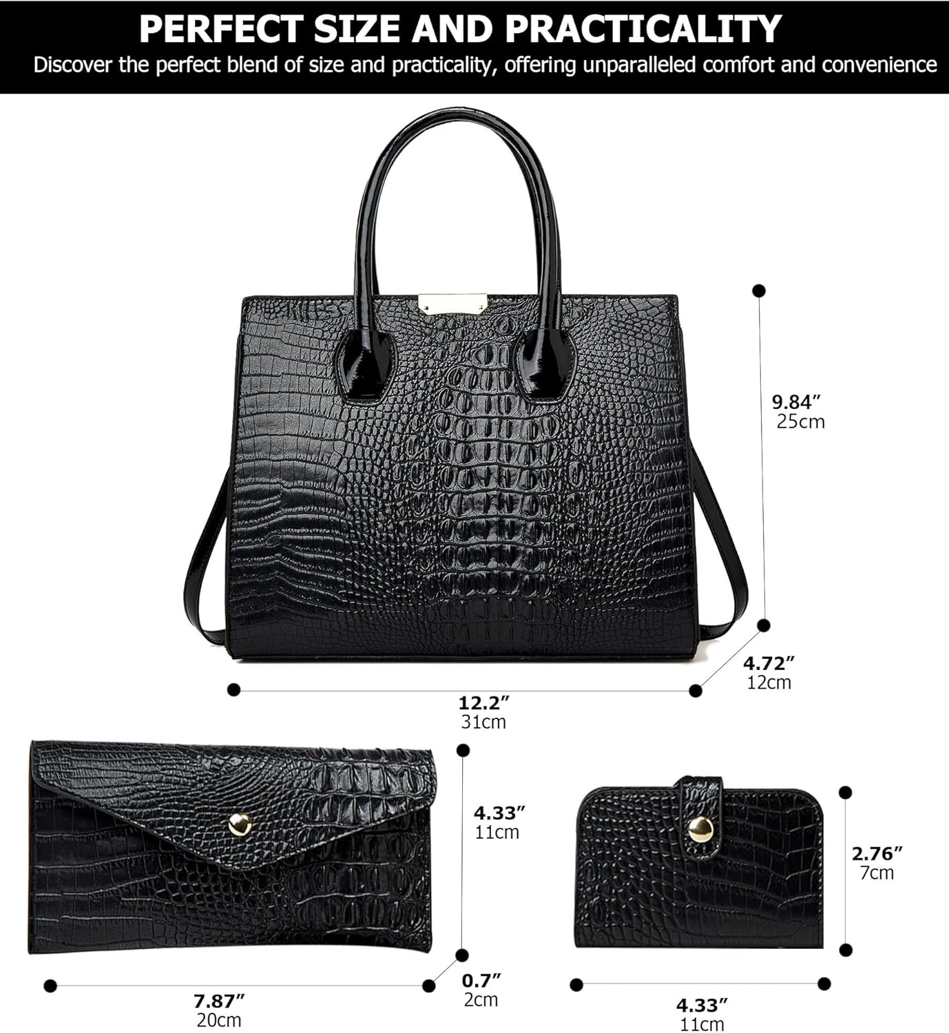 KingTo Women's Bag 3 Pcs Set Luxury Crocodile Pattern Tote Handbag Vegan Leather Wallet Card Top Handle Satchel Purse Set - Image 3