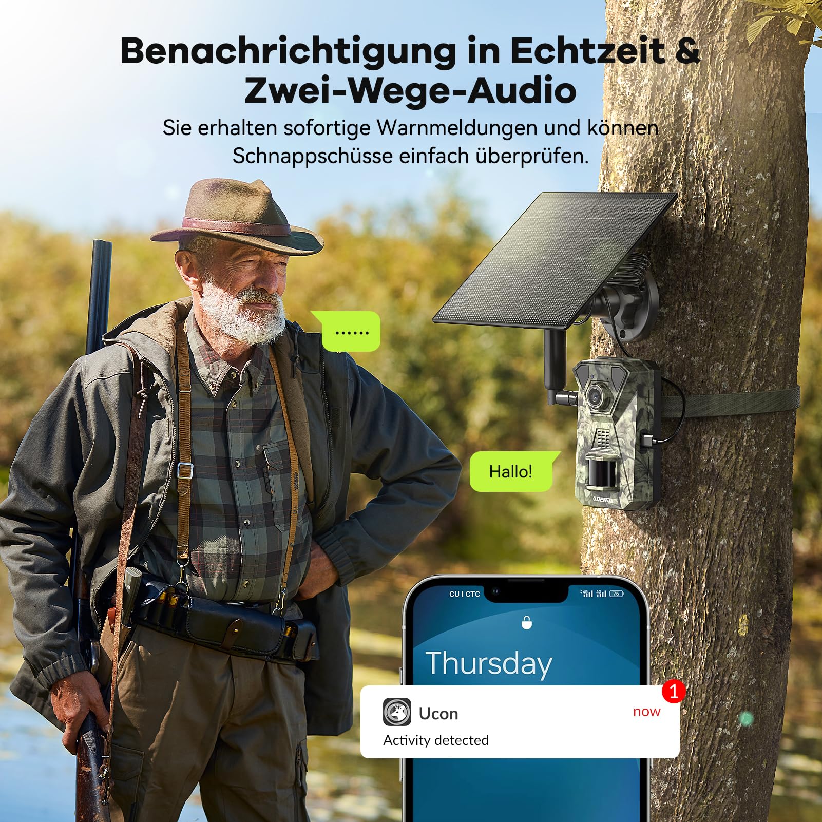 DEATTI 4G LTE Wildkamera mit Handyübertragung APP, 2.7K Solar Wildkamera mit SIM Karte, PIR Bewegungsmelder, Nachtsicht, 120° Weitwinkel Wildtierkamera, IP66, 7800mAh Akku (ohne SD Karte)