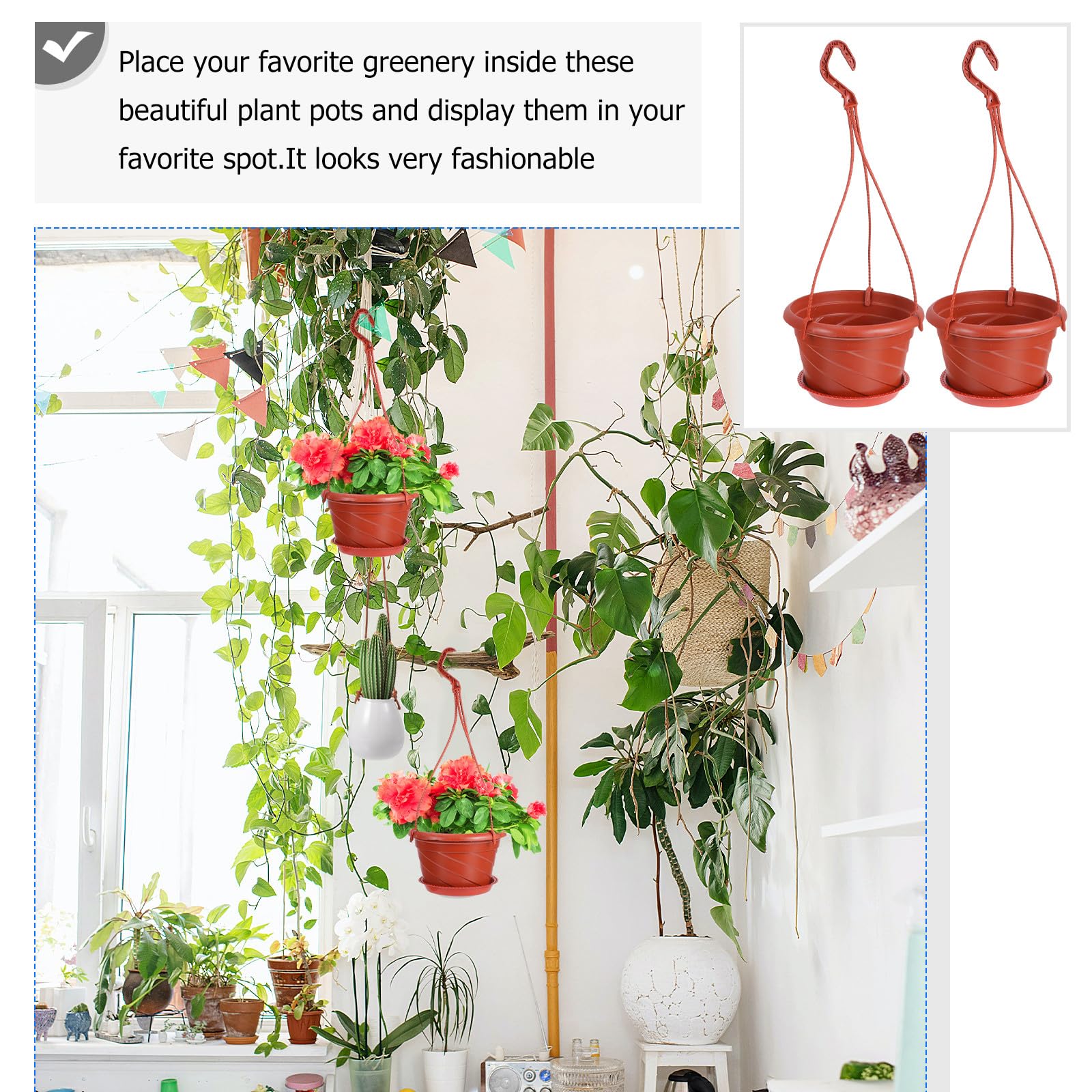 PLAFOPE 10ensembles Lot de Pots de Fleurs Suspendus Plastique Rouge Support pour Plantes Vertes Accessoires de Jardin pour Intérieur et Extérieur de Jardinières avec Casiers et Plateaux